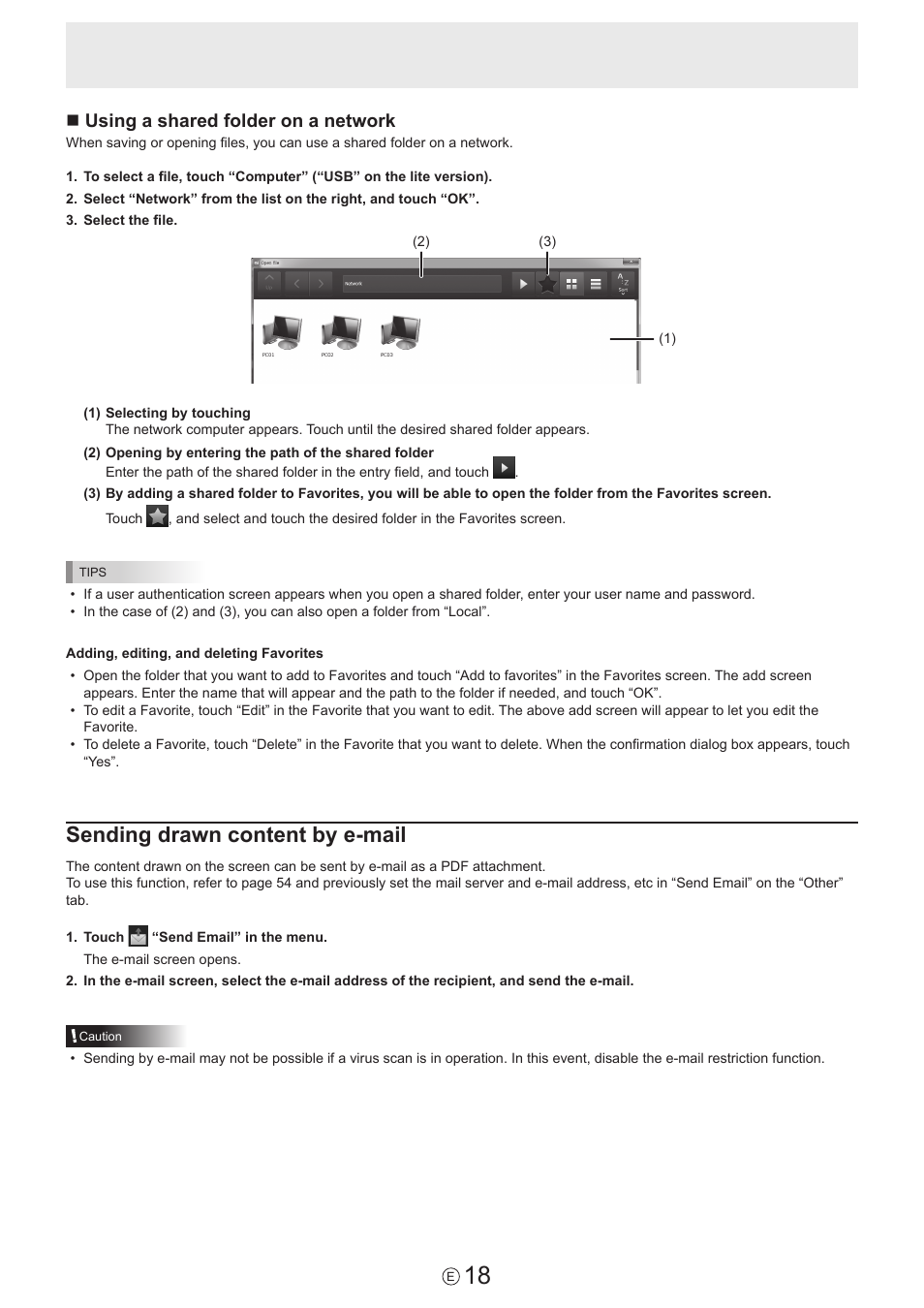 Sending drawn content by e-mail, Nusing a shared folder on a network | Sharp PN-60TW3 User Manual | Page 18 / 59