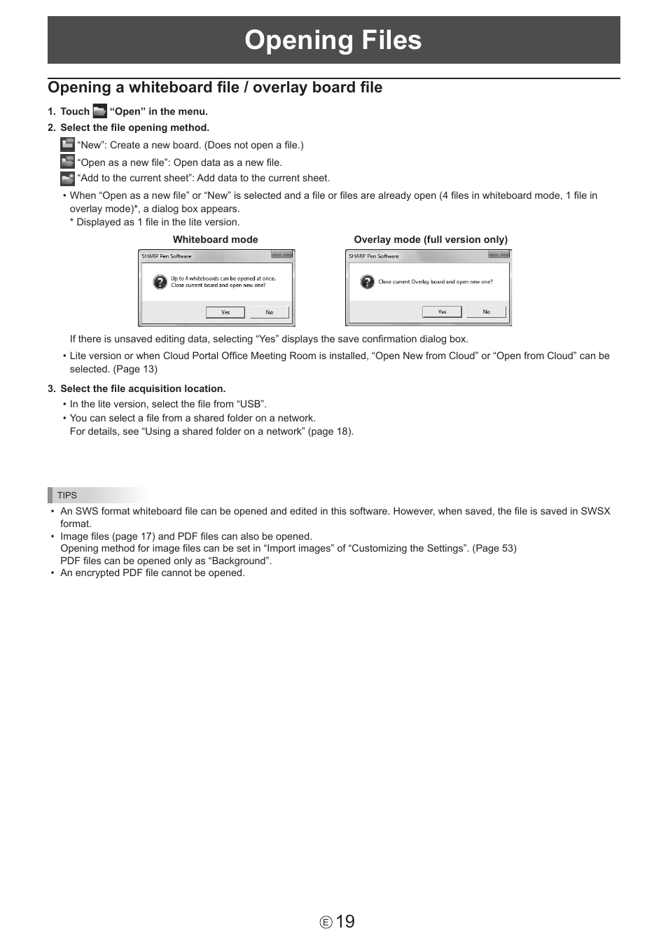 Opening files, Opening a whiteboard file / overlay board file | Sharp PN-60TW3 User Manual | Page 19 / 59