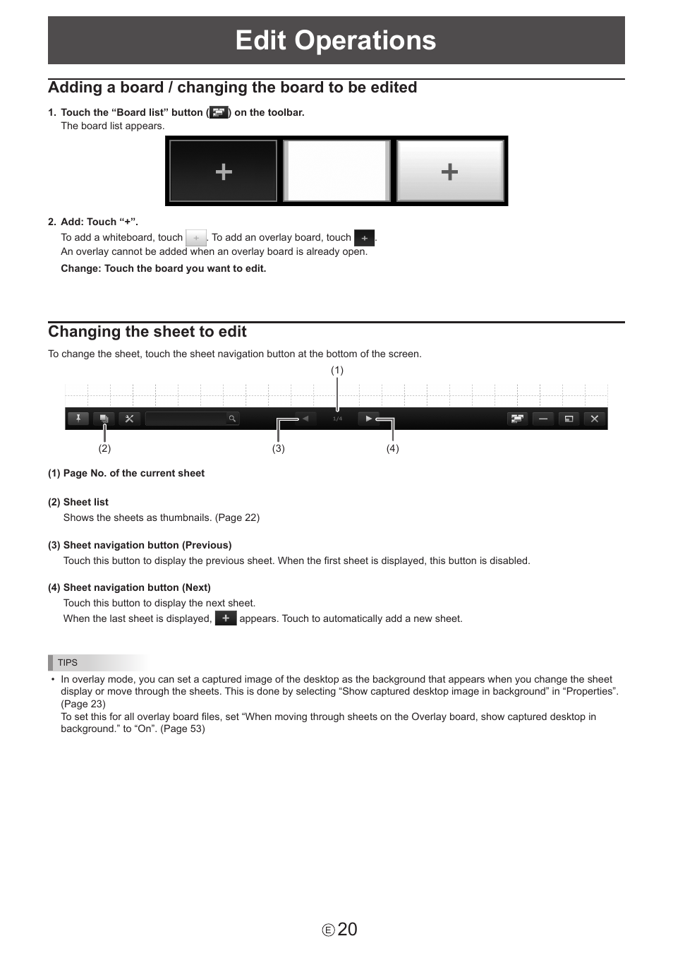 Edit operations, Adding a board / changing the board to be edited, Changing the sheet to edit | Sharp PN-60TW3 User Manual | Page 20 / 59