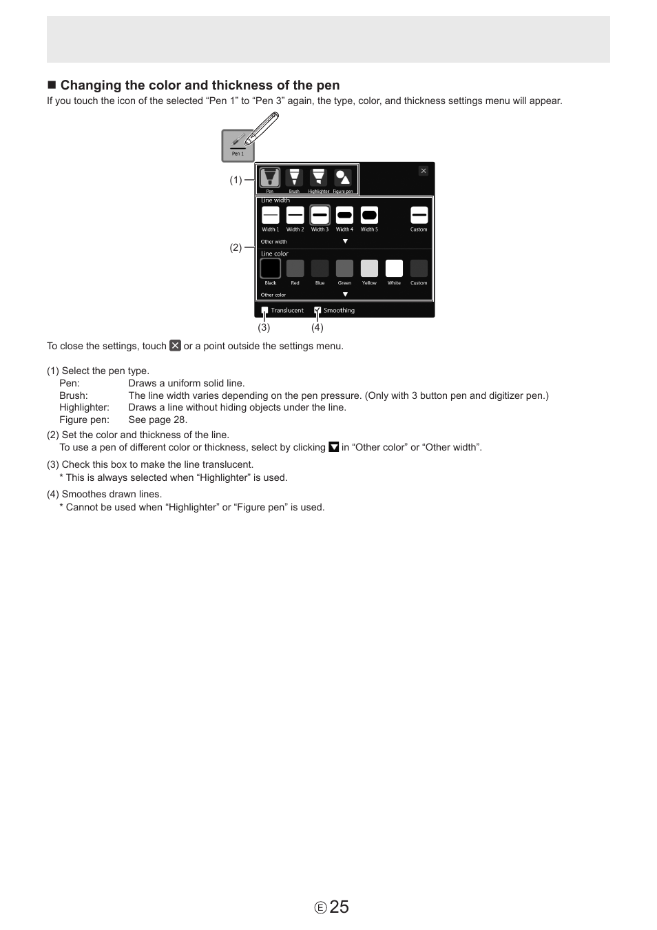 Nchanging the color and thickness of the pen | Sharp PN-60TW3 User Manual | Page 25 / 59