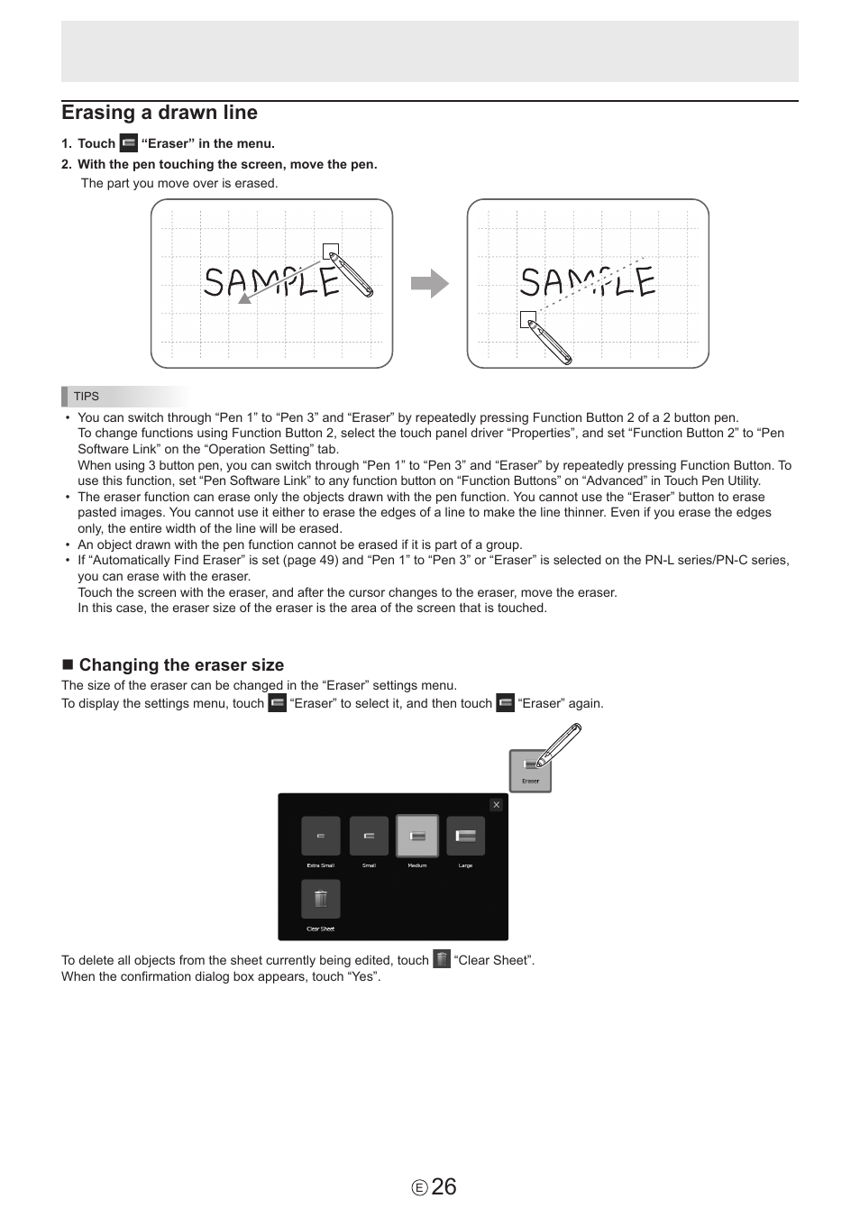 Erasing a drawn line, Nchanging the eraser size | Sharp PN-60TW3 User Manual | Page 26 / 59