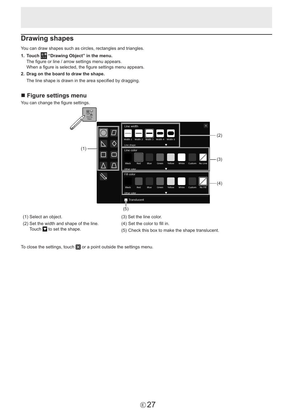 Drawing shapes, Nfigure settings menu | Sharp PN-60TW3 User Manual | Page 27 / 59