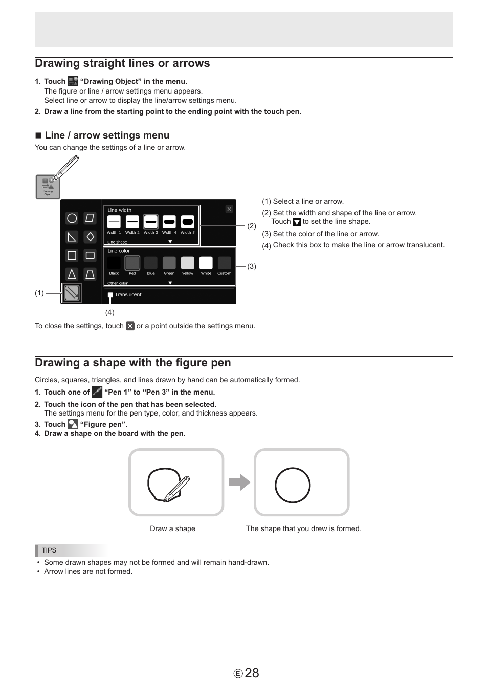 Drawing straight lines or arrows, Drawing a shape with the figure pen, Nline / arrow settings menu | Sharp PN-60TW3 User Manual | Page 28 / 59