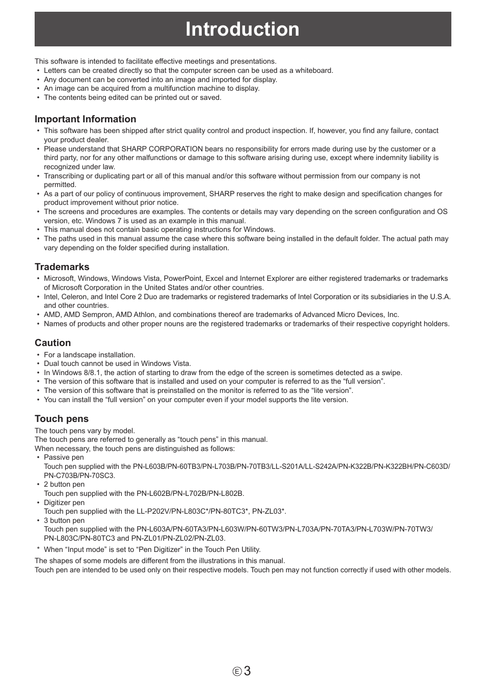 Introduction, Important information, Trademarks | Caution, Touch pens | Sharp PN-60TW3 User Manual | Page 3 / 59