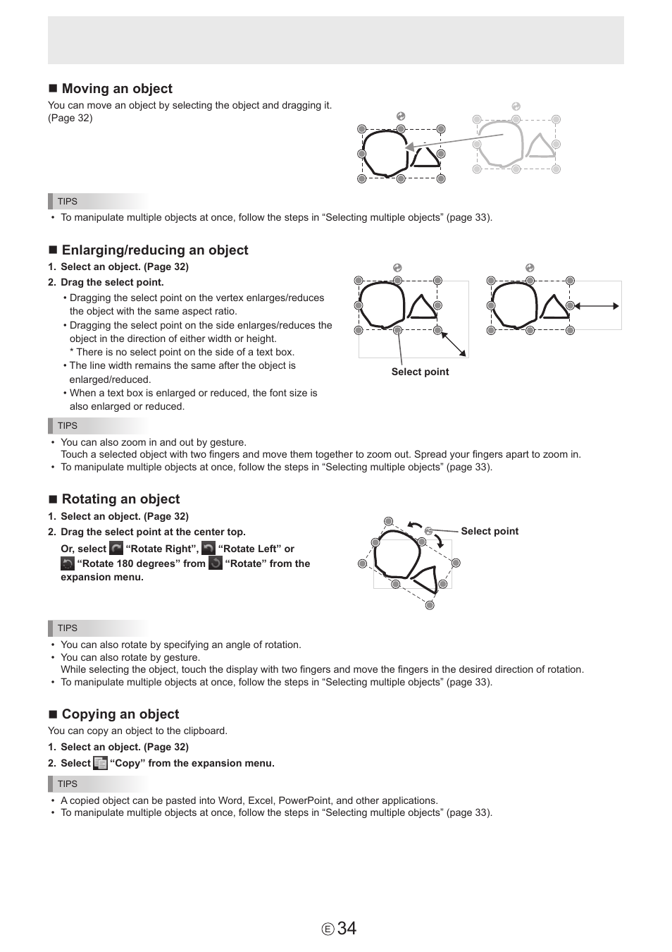 Nmoving an object, Nenlarging/reducing an object, Nrotating an object | Ncopying an object | Sharp PN-60TW3 User Manual | Page 34 / 59