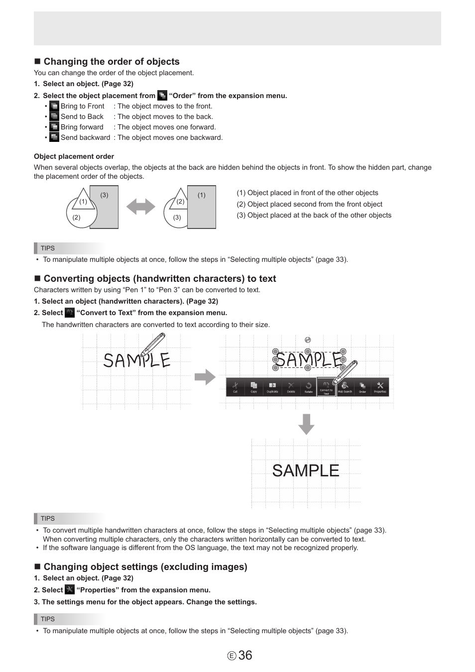 Sample, Nchanging the order of objects, Nchanging object settings (excluding images) | Sharp PN-60TW3 User Manual | Page 36 / 59