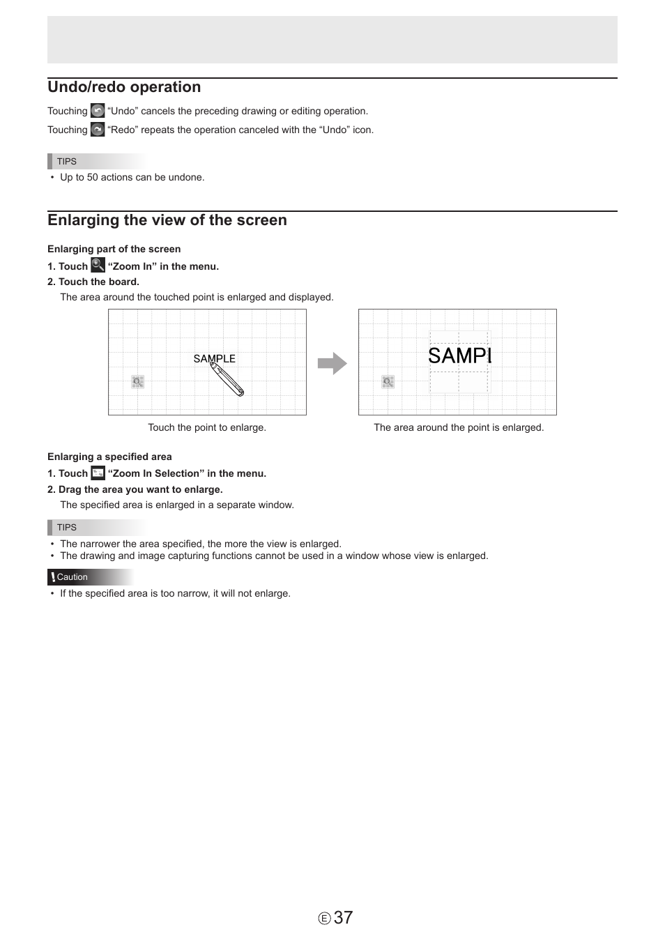 Undo/redo operation, Enlarging the view of the screen | Sharp PN-60TW3 User Manual | Page 37 / 59