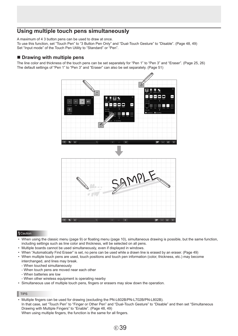 Using multiple touch pens simultaneously, Ndrawing with multiple pens | Sharp PN-60TW3 User Manual | Page 39 / 59