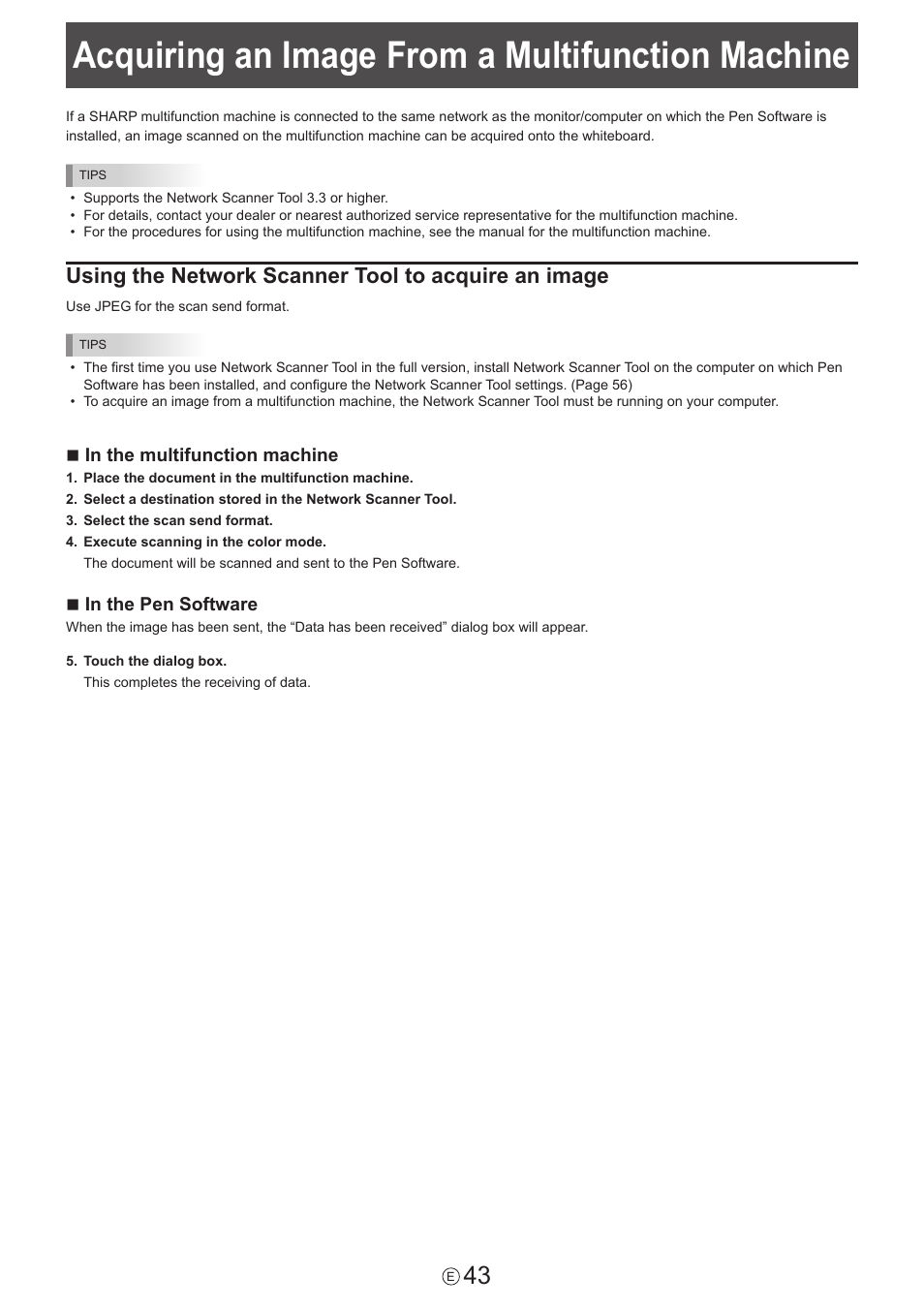 Acquiring an image from a multifunction machine, Using the network scanner tool to acquire an image | Sharp PN-60TW3 User Manual | Page 43 / 59