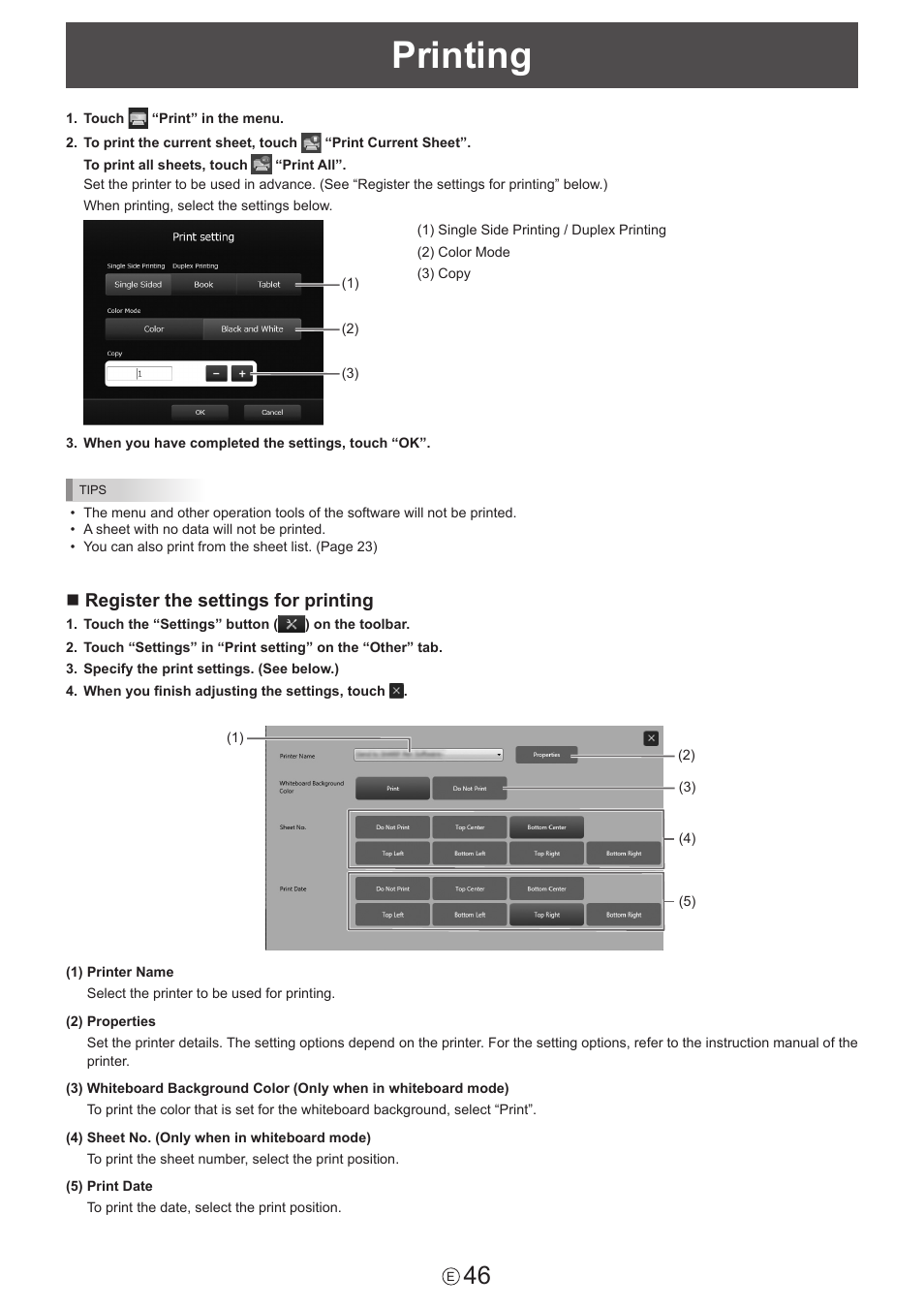 Printing, Nregister the settings for printing | Sharp PN-60TW3 User Manual | Page 46 / 59