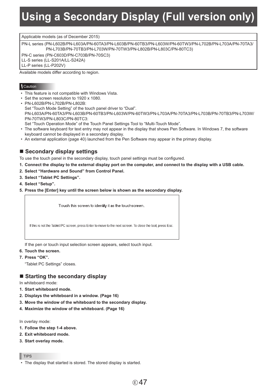 Using a secondary display (full version only), Nsecondary display settings, Nstarting the secondary display | Sharp PN-60TW3 User Manual | Page 47 / 59