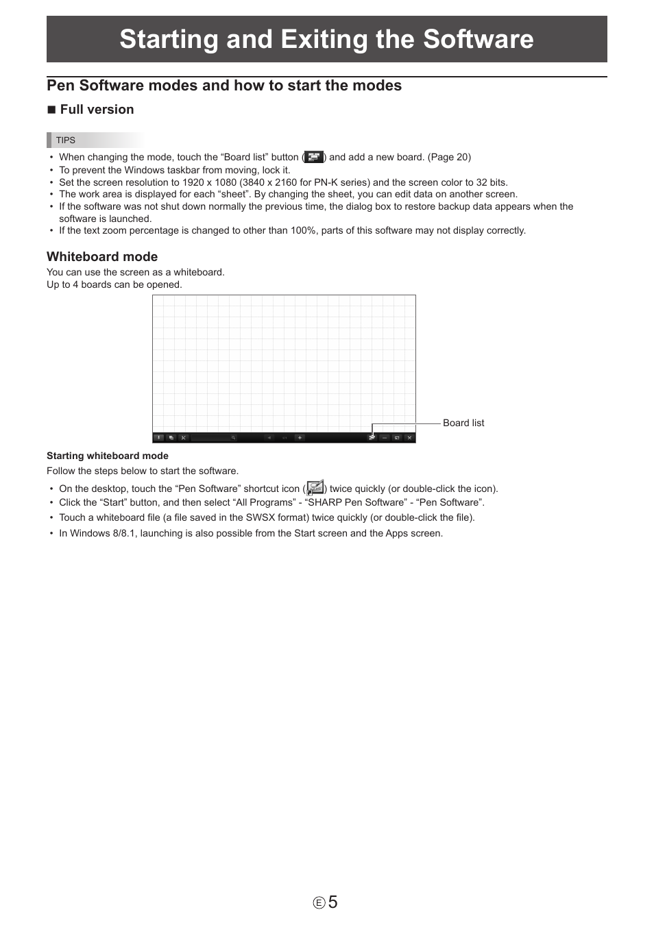 Starting and exiting the software, Pen software modes and how to start the modes | Sharp PN-60TW3 User Manual | Page 5 / 59