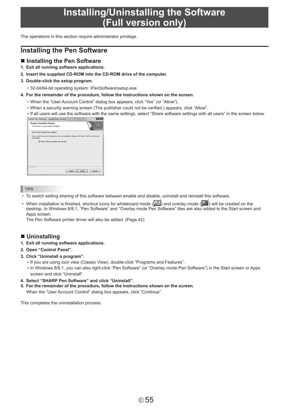 Installing the pen software | Sharp PN-60TW3 User Manual | Page 55 / 59