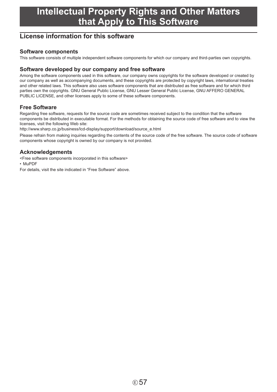 License information for this software | Sharp PN-60TW3 User Manual | Page 57 / 59