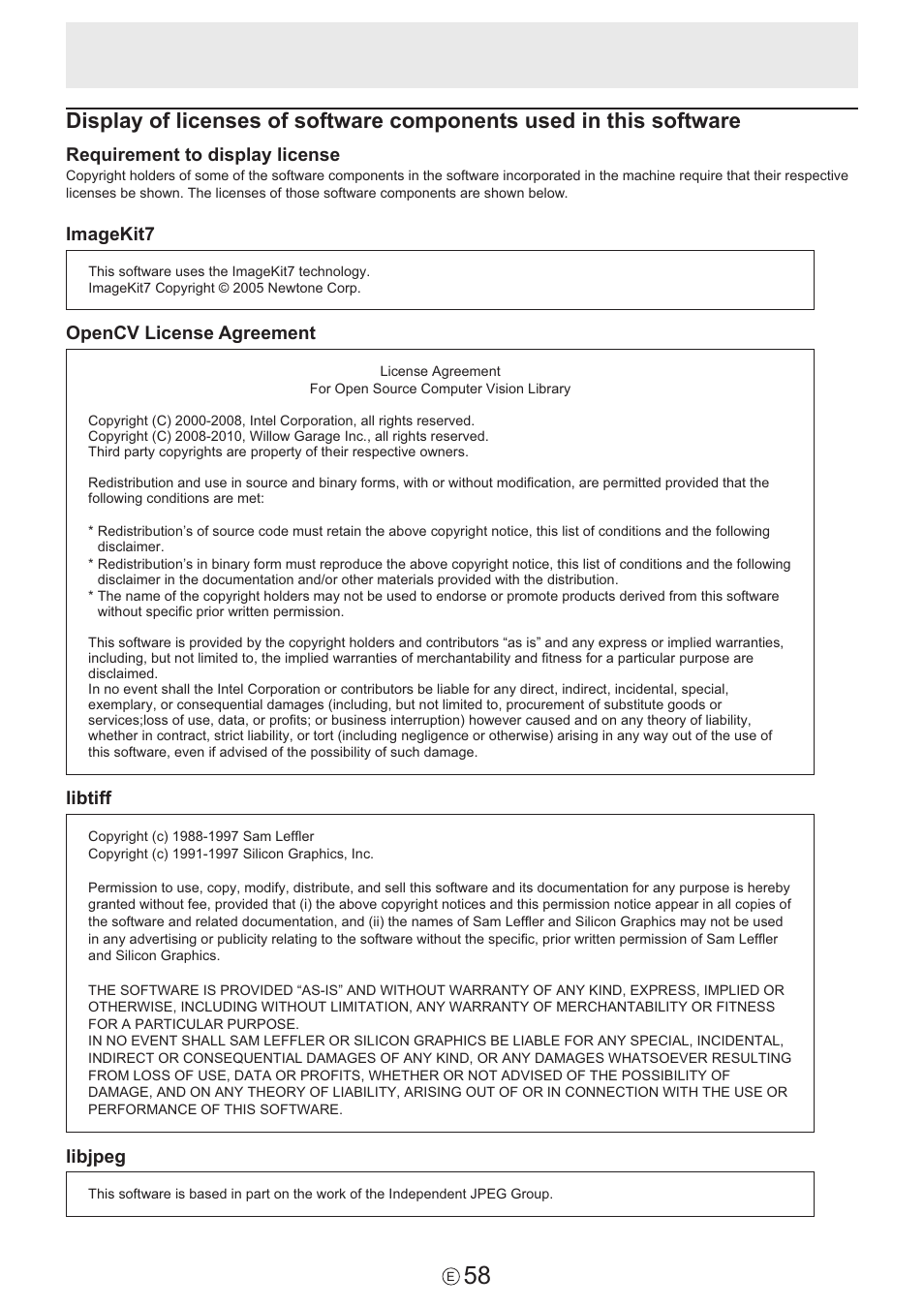 Requirement to display license, Imagekit7, Opencv license agreement | Libtiff, Libjpeg | Sharp PN-60TW3 User Manual | Page 58 / 59