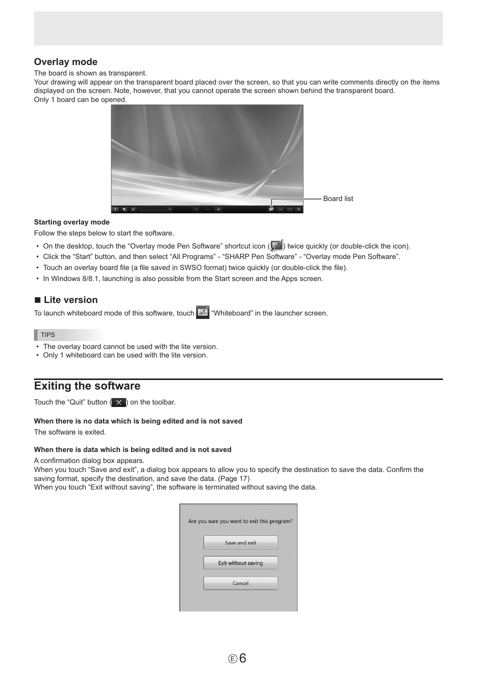 Exiting the software, Overlay mode, Nlite version | Sharp PN-60TW3 User Manual | Page 6 / 59