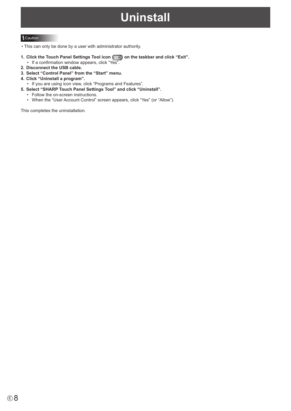 Uninstall | Sharp PN-60TW3 User Manual | Page 8 / 9