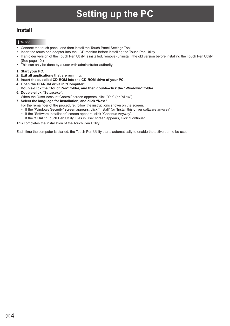 Setting up the pc, Install | Sharp PN-60TW3 User Manual | Page 4 / 11