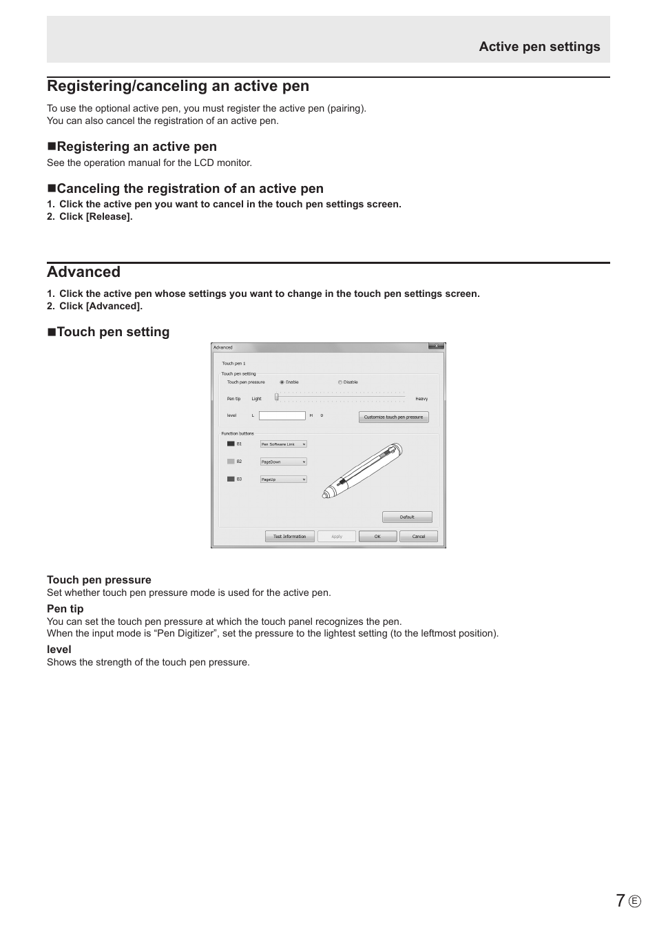 Registering/canceling an active pen, Advanced | Sharp PN-60TW3 User Manual | Page 7 / 11