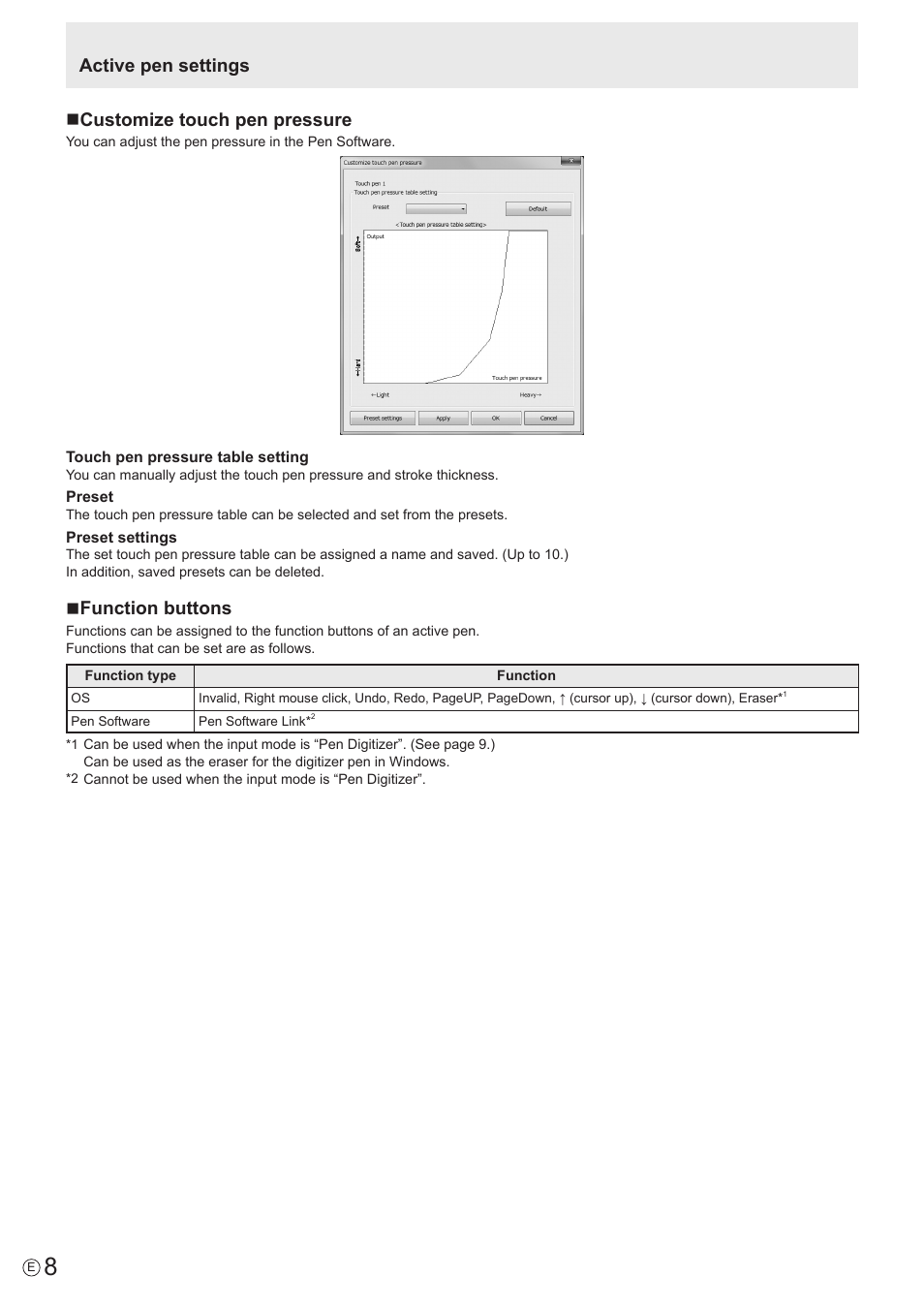 Active pen settings n customize touch pen pressure, Nfunction buttons | Sharp PN-60TW3 User Manual | Page 8 / 11