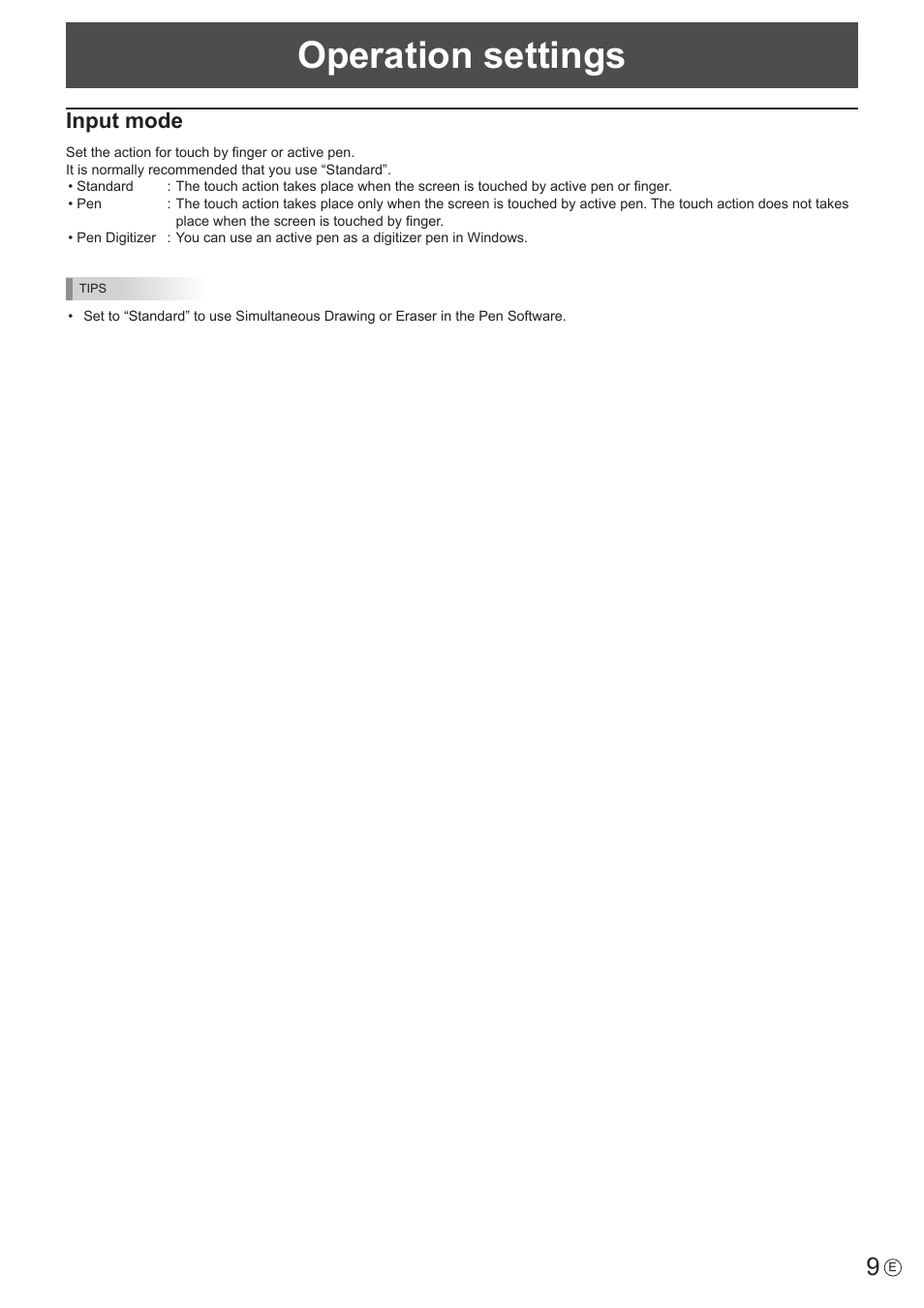 Operation settings, Input mode | Sharp PN-60TW3 User Manual | Page 9 / 11