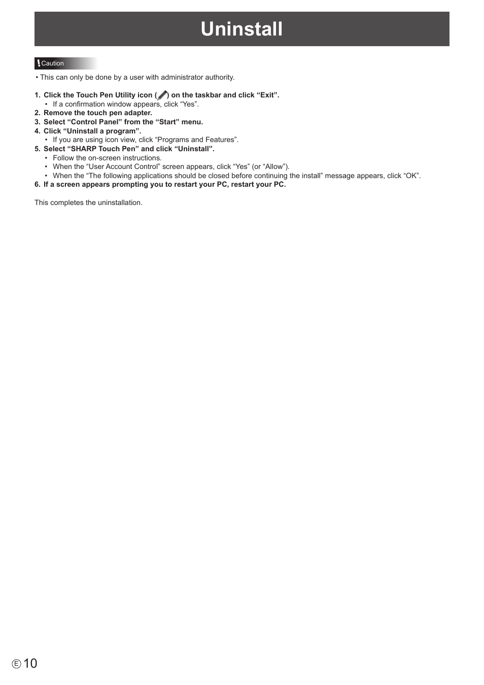 Uninstall | Sharp PN-80TC3 User Manual | Page 10 / 11