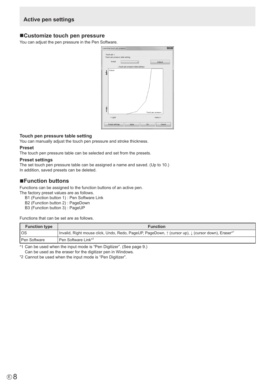 Active pen settings n customize touch pen pressure, Nfunction buttons | Sharp PN-80TC3 User Manual | Page 8 / 11