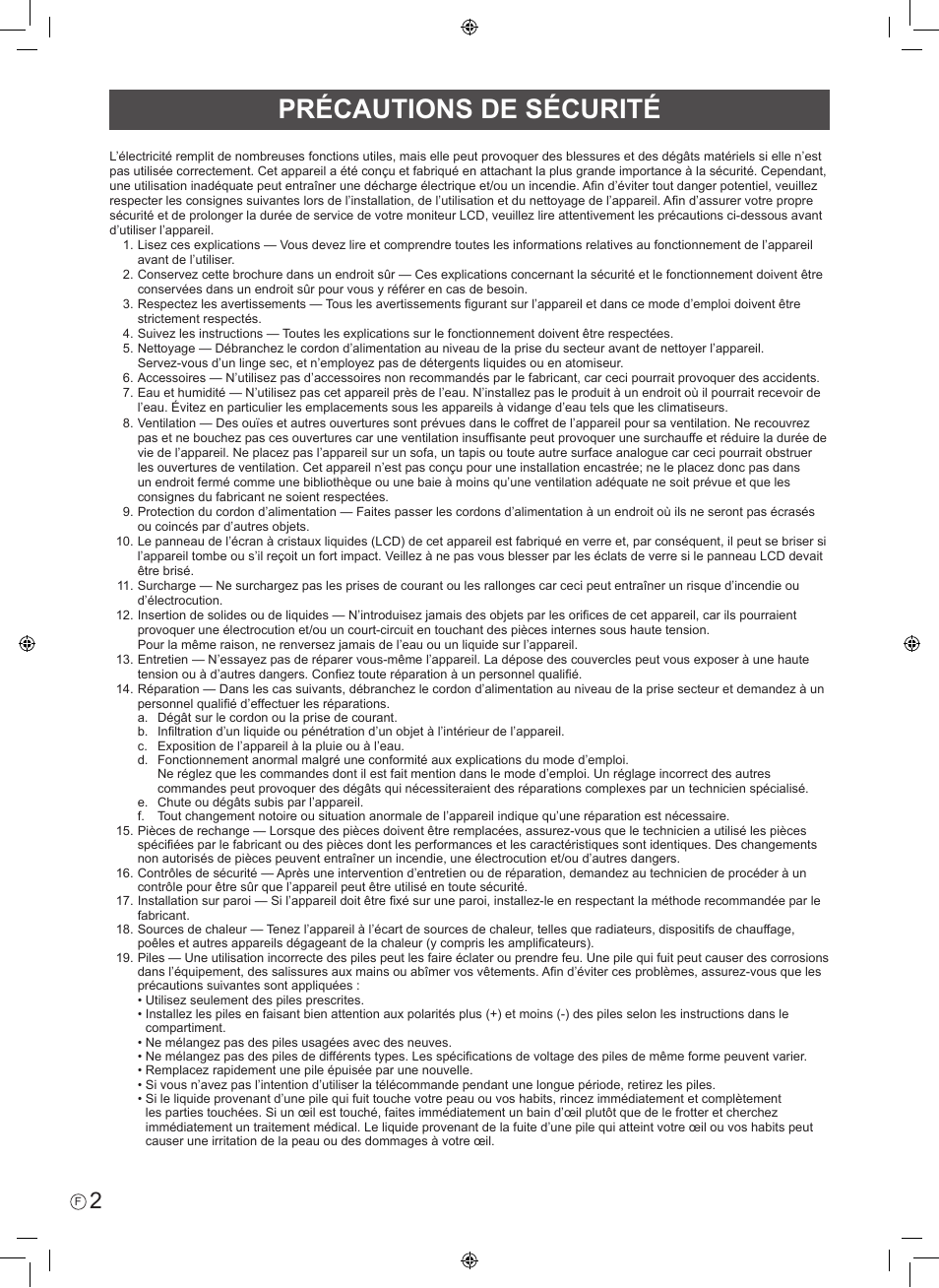 Précautions de sécurité | Sharp PN-H801 User Manual | Page 12 / 44