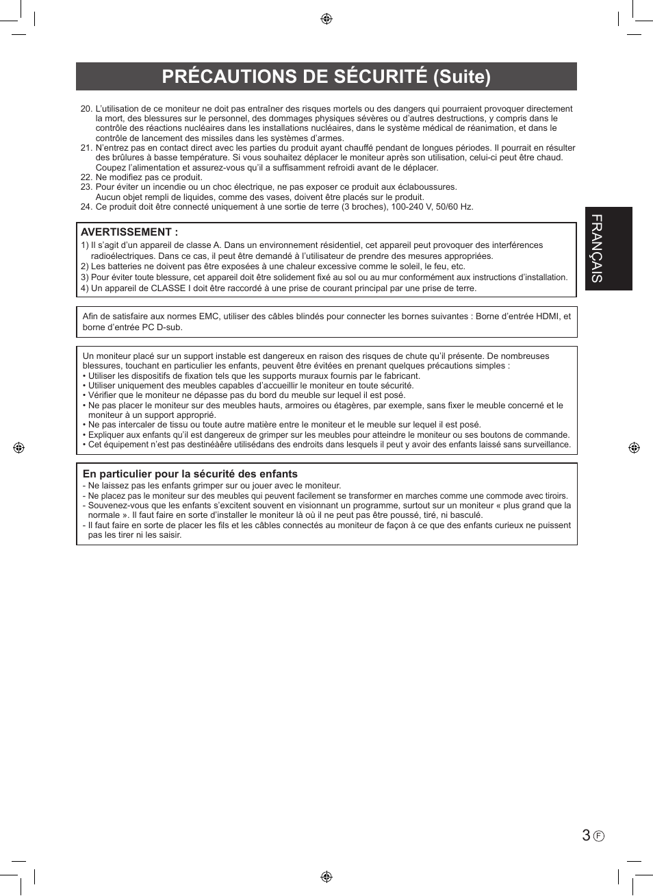 Précautions de sécurité (suite), Français | Sharp PN-H801 User Manual | Page 13 / 44