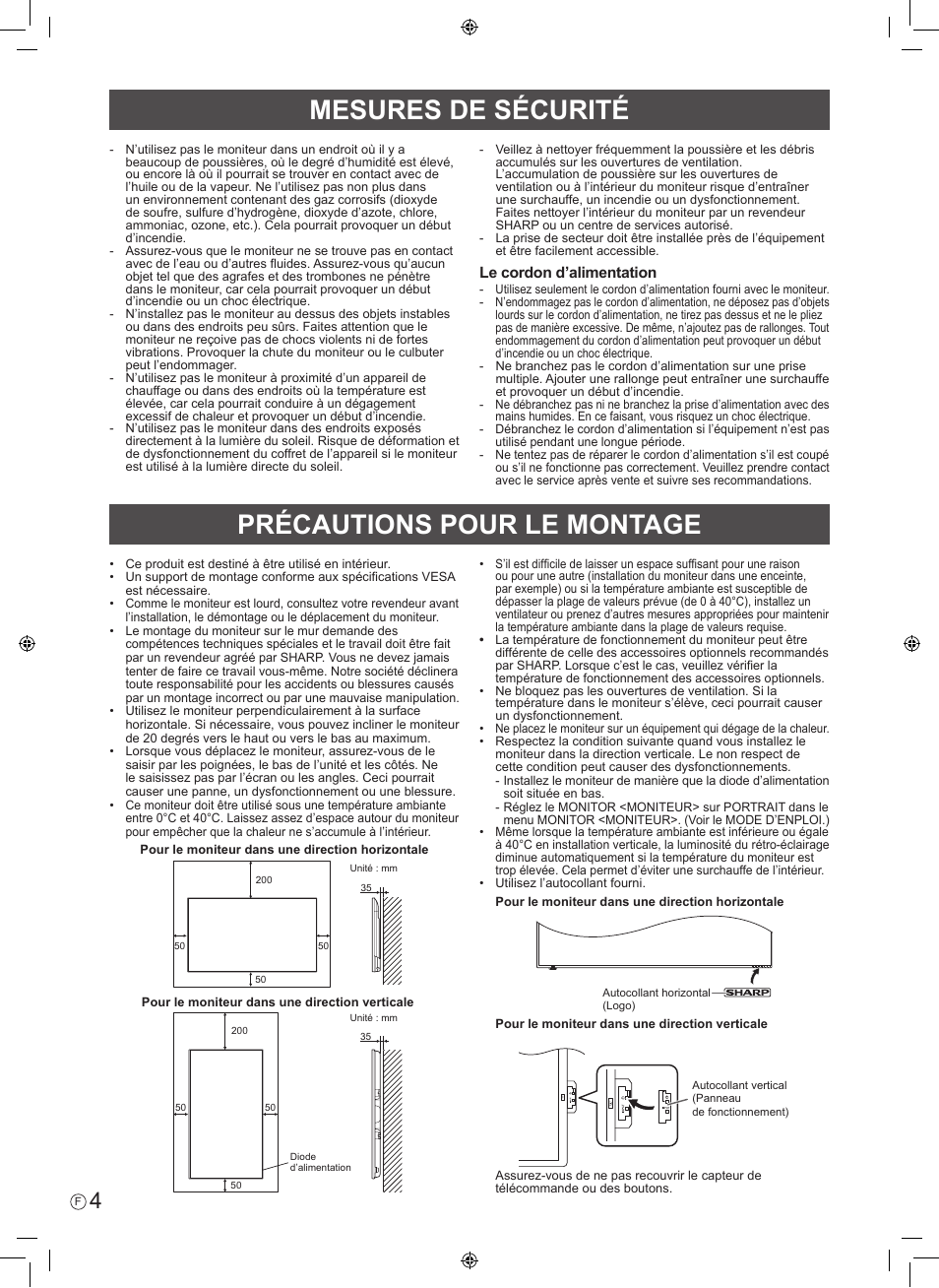 Précautions pour le montage, Mesures de sécurité | Sharp PN-H801 User Manual | Page 14 / 44