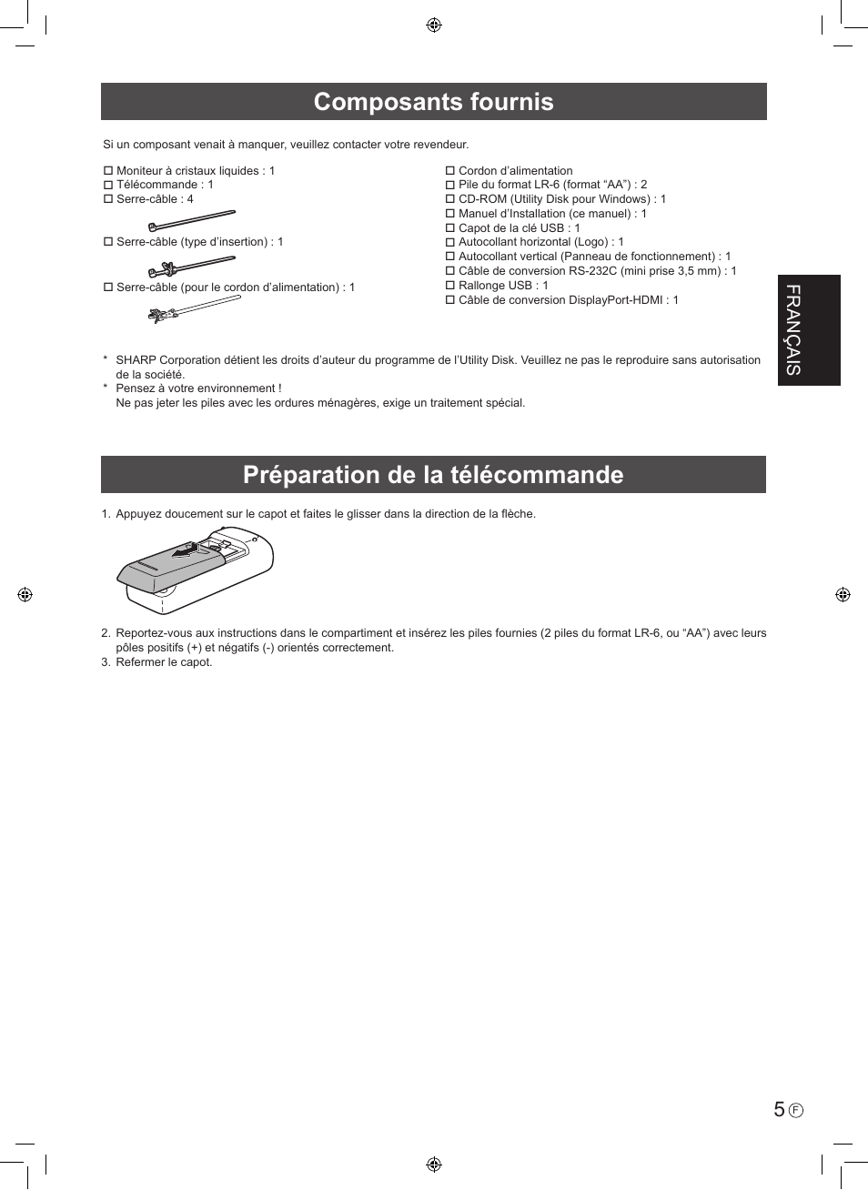 Composants fournis, Préparation de la télécommande, Français | Sharp PN-H801 User Manual | Page 15 / 44