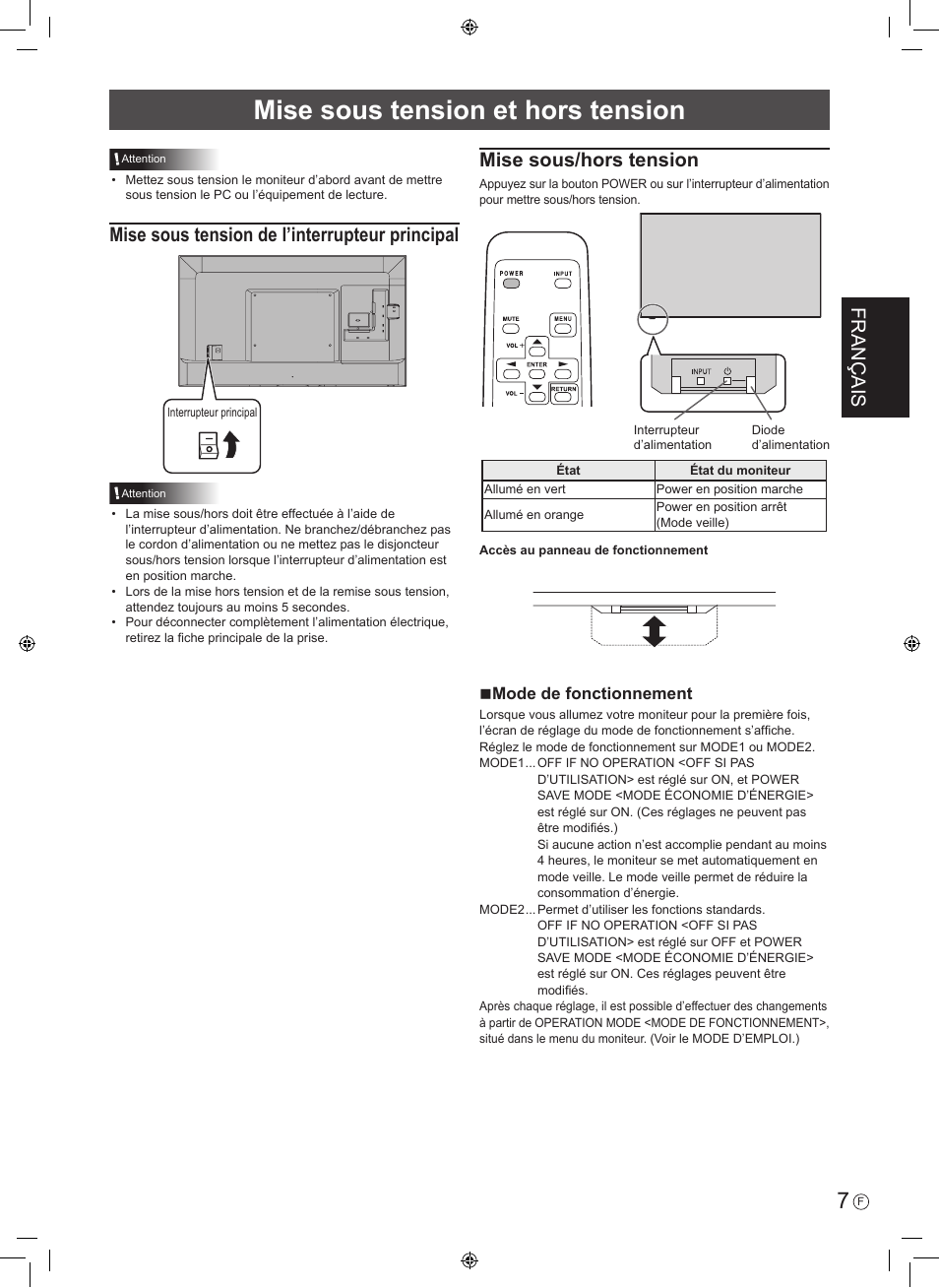 Mise sous tension et hors tension, Français, Mise sous tension de l’interrupteur principal | Mise sous/hors tension, Nmode de fonctionnement | Sharp PN-H801 User Manual | Page 17 / 44