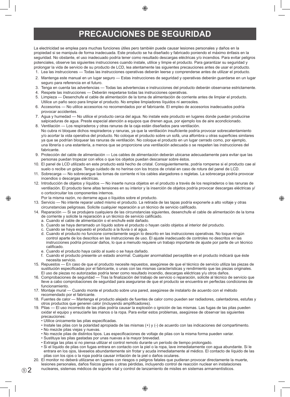 Precauciones de seguridad | Sharp PN-H801 User Manual | Page 20 / 44