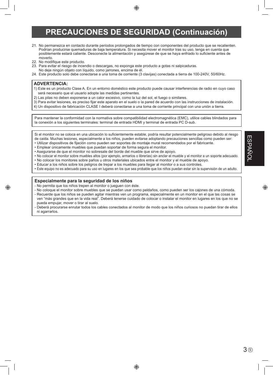 Precauciones de seguridad (continuación), Esp añol | Sharp PN-H801 User Manual | Page 21 / 44