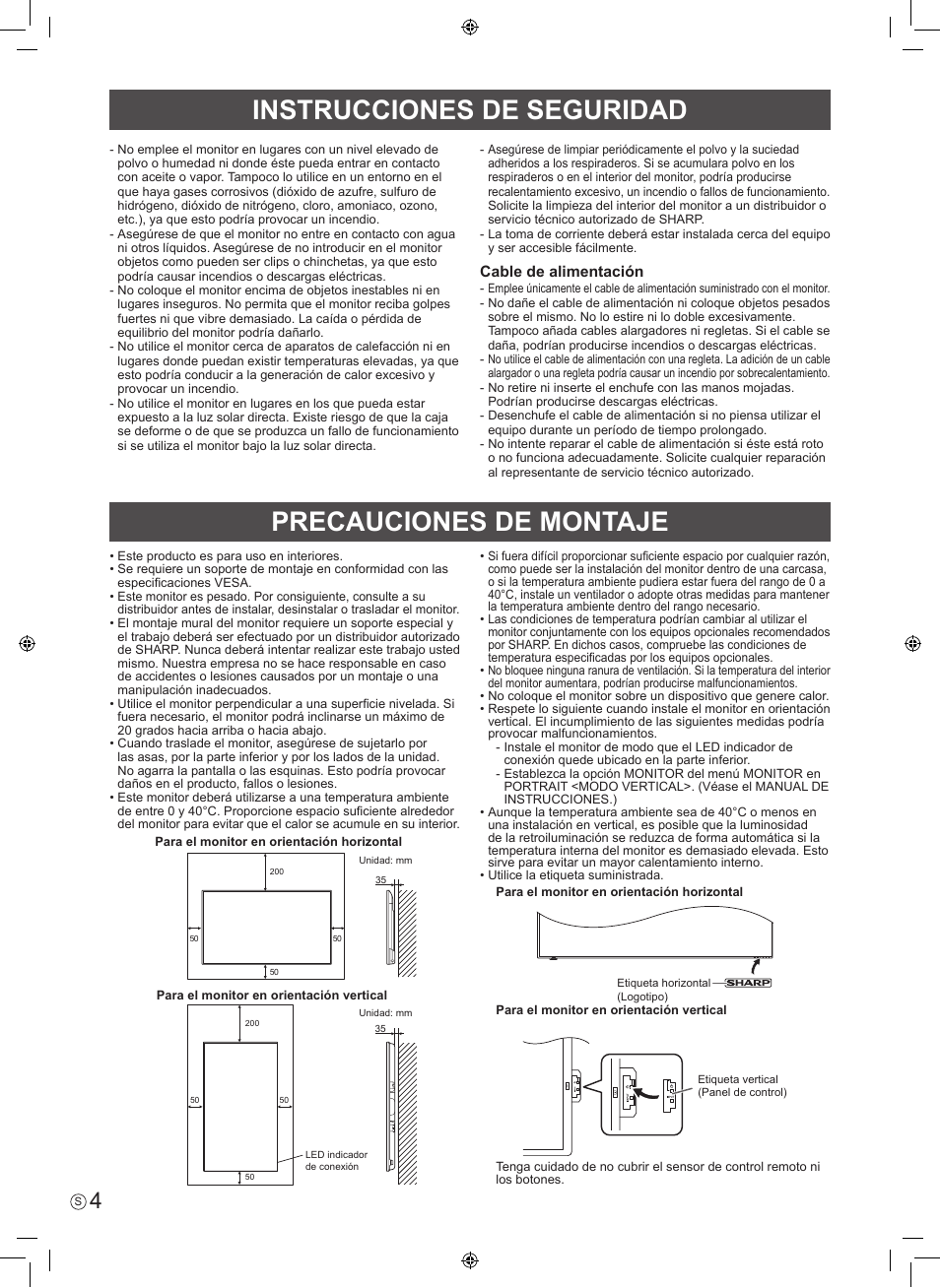 Precauciones de montaje, Instrucciones de seguridad | Sharp PN-H801 User Manual | Page 22 / 44