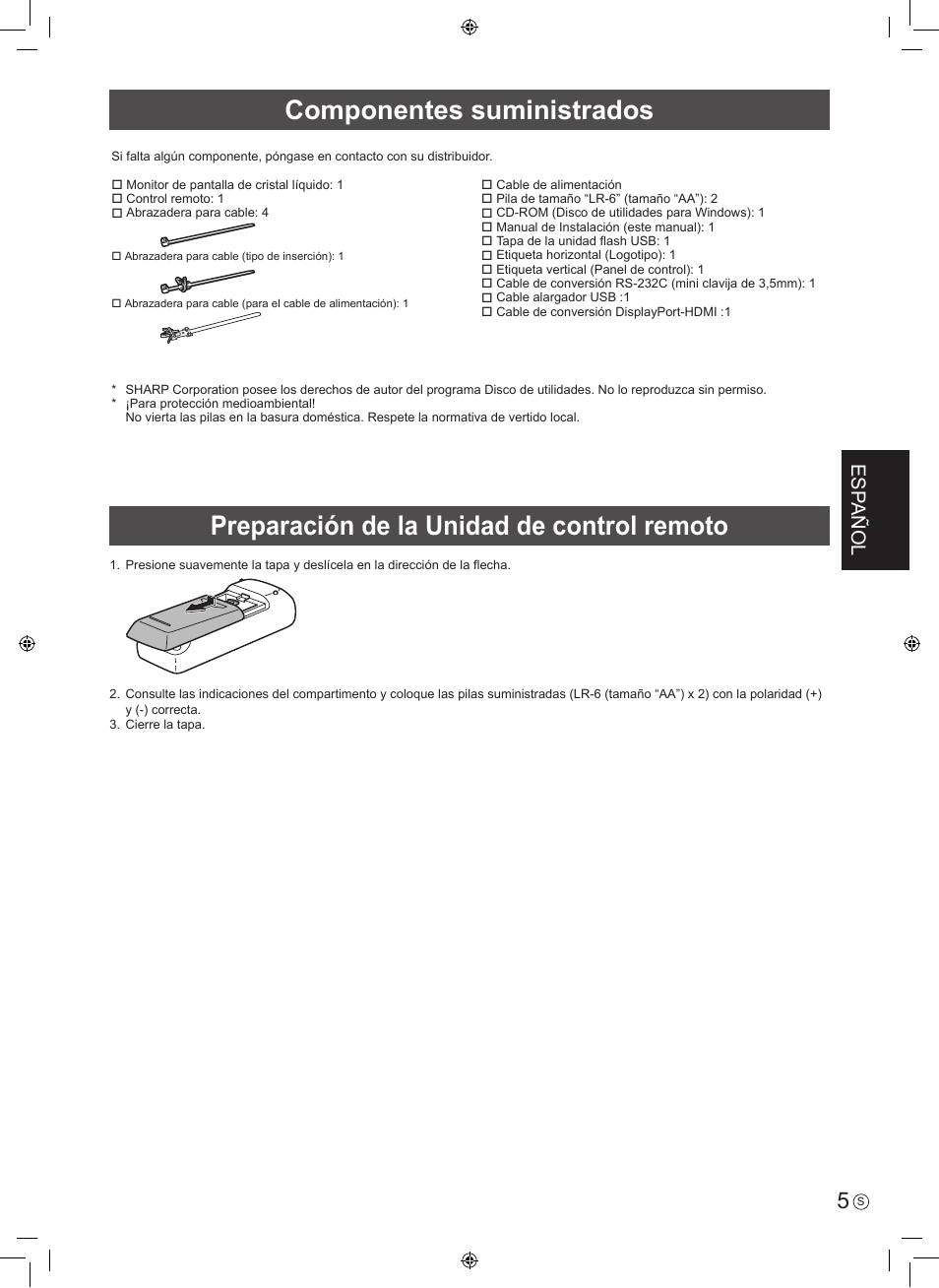 Componentes suministrados, Preparación de la unidad de control remoto, Esp añol | Sharp PN-H801 User Manual | Page 23 / 44