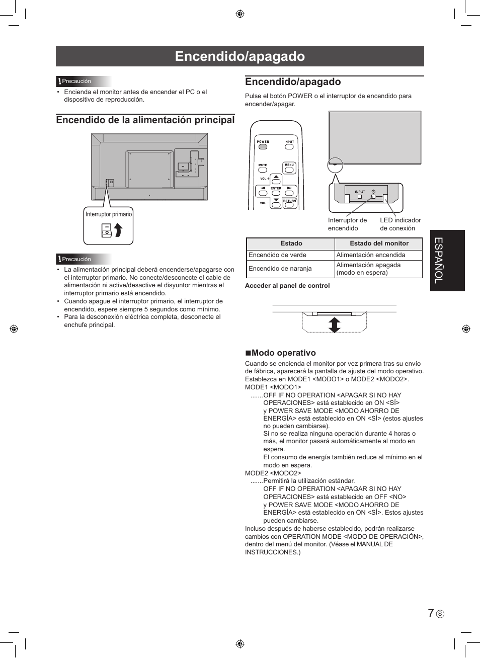 Encendido/apagado, Esp añol, Encendido de la alimentación principal | Nmodo operativo | Sharp PN-H801 User Manual | Page 25 / 44