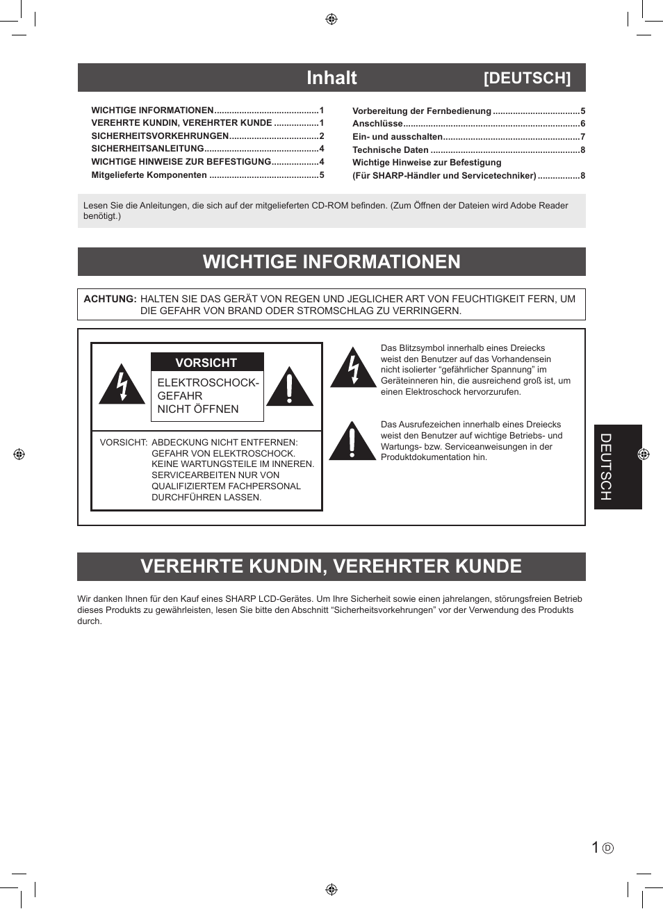 Inhalt, Deutsch | Sharp PN-H801 User Manual | Page 27 / 44