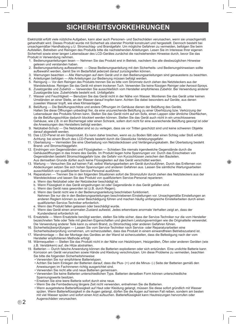 Sicherheitsvorkehrungen | Sharp PN-H801 User Manual | Page 28 / 44