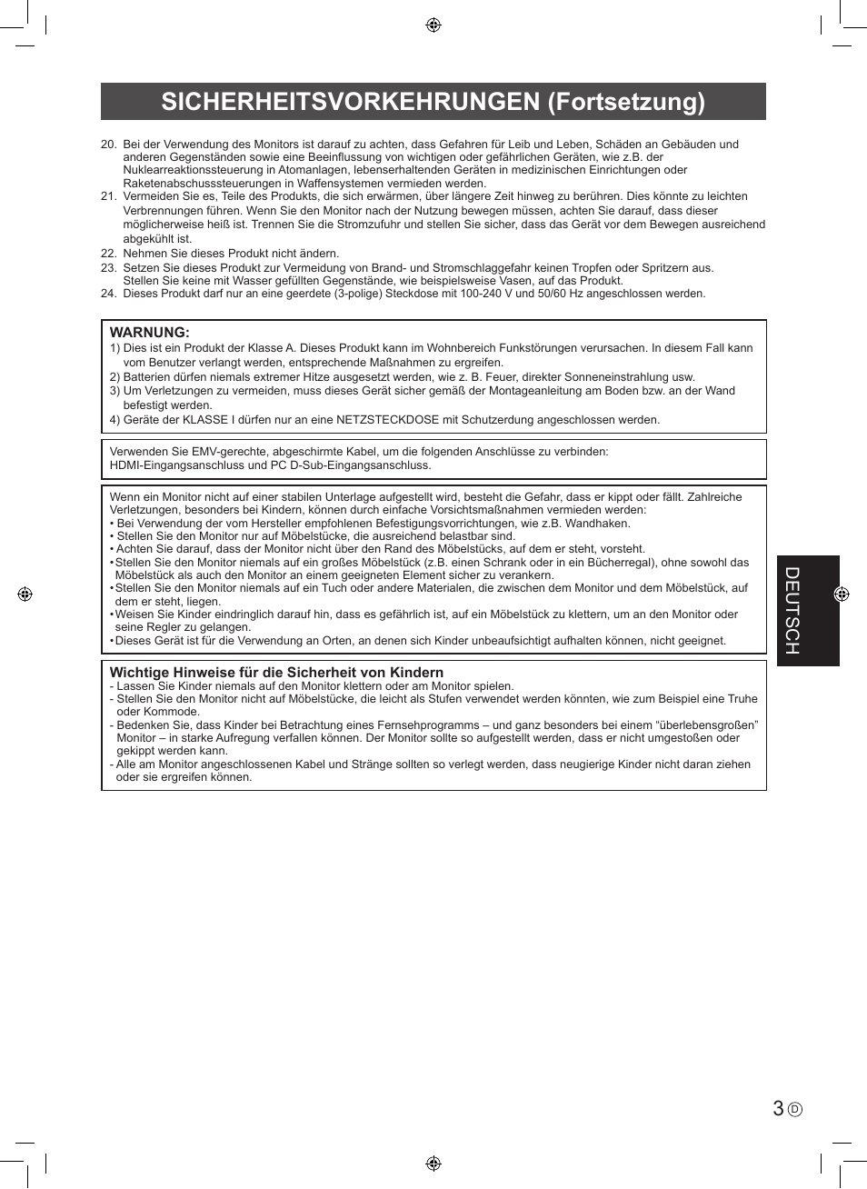 Sicherheitsvorkehrungen (fortsetzung), Deutsch | Sharp PN-H801 User Manual | Page 29 / 44