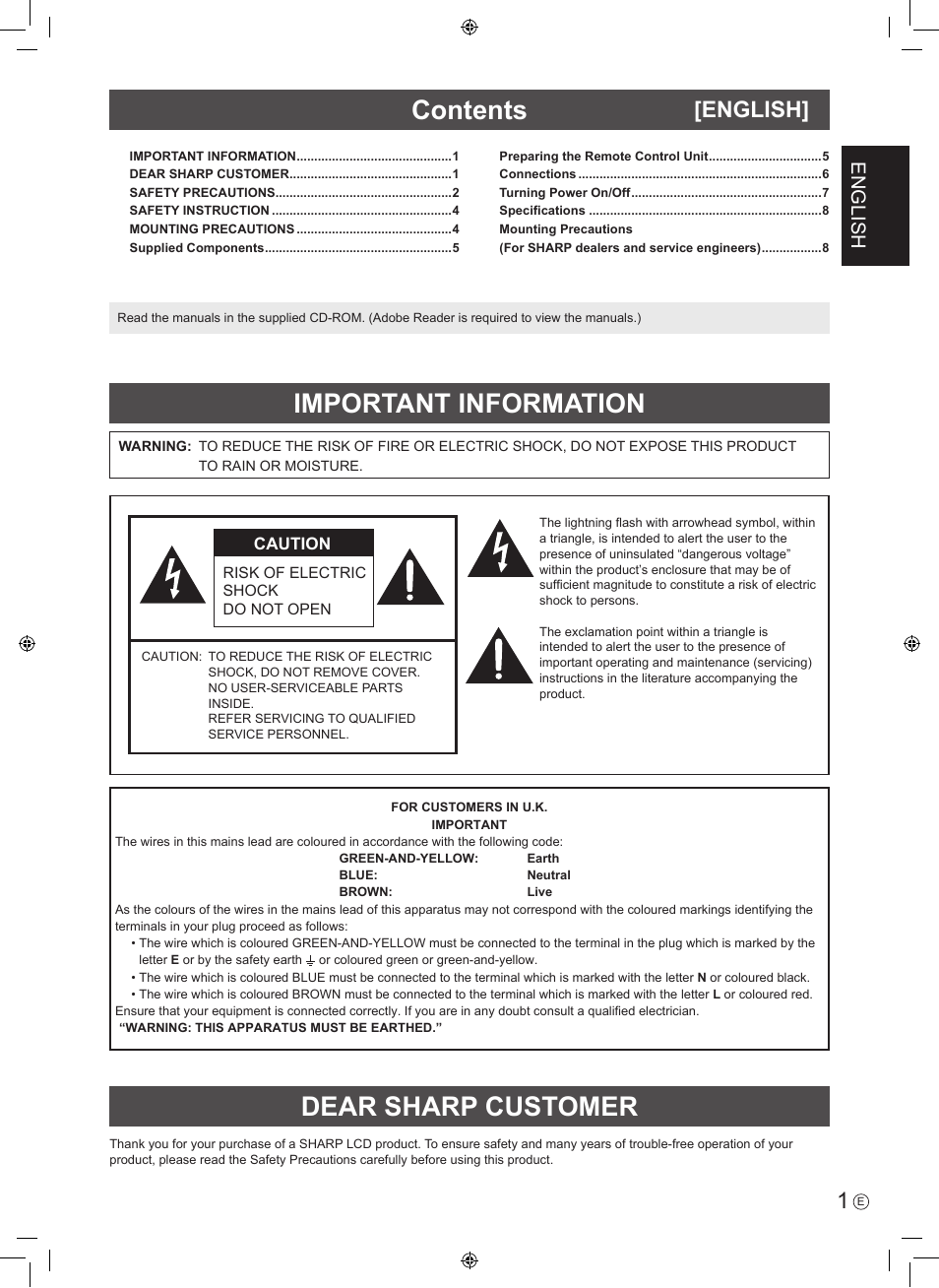 Dear sharp customer important information contents, English | Sharp PN-H801 User Manual | Page 3 / 44