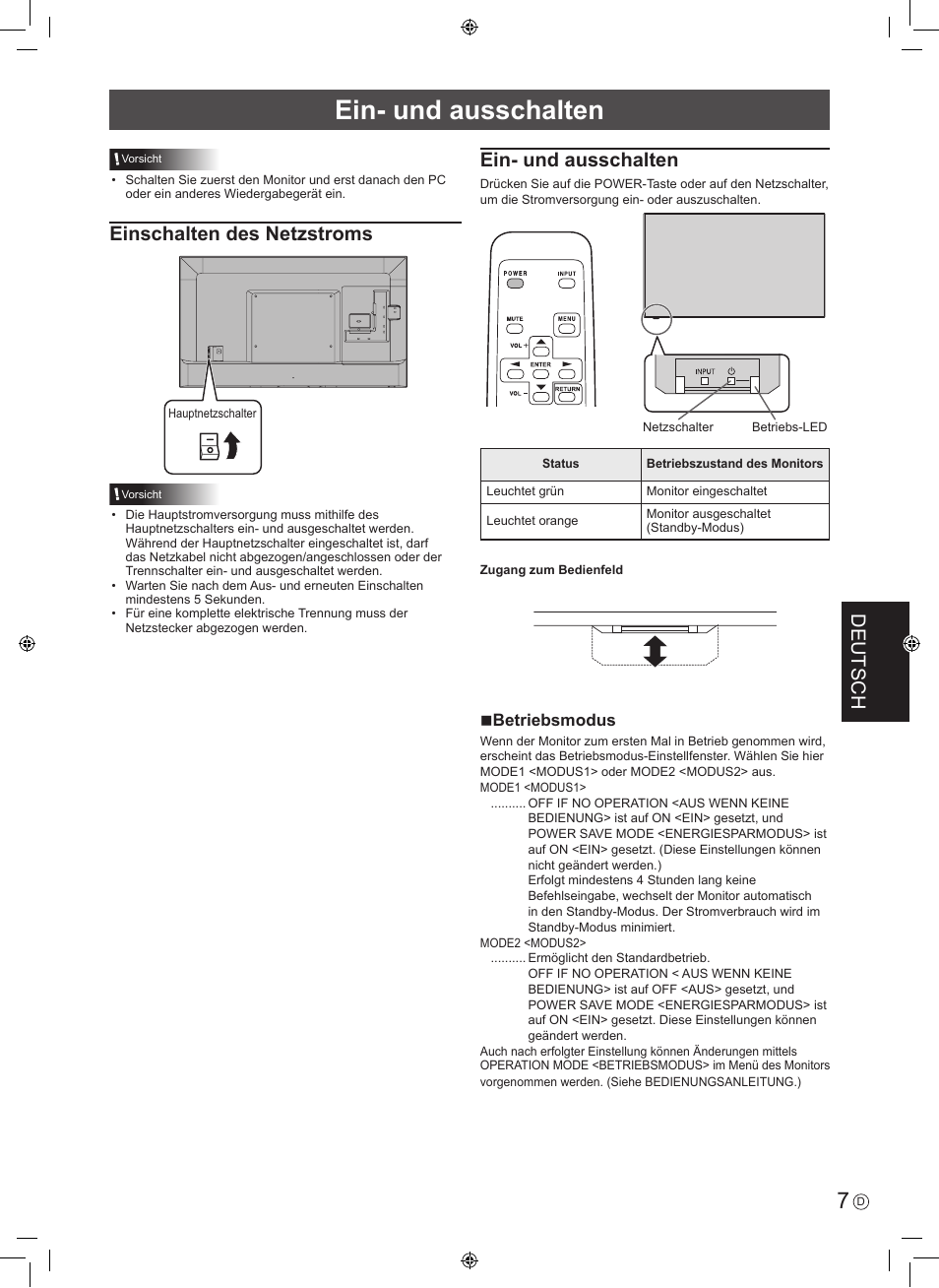 Deutsch, Einschalten des netzstroms, Ein- und ausschalten | Nbetriebsmodus | Sharp PN-H801 User Manual | Page 33 / 44