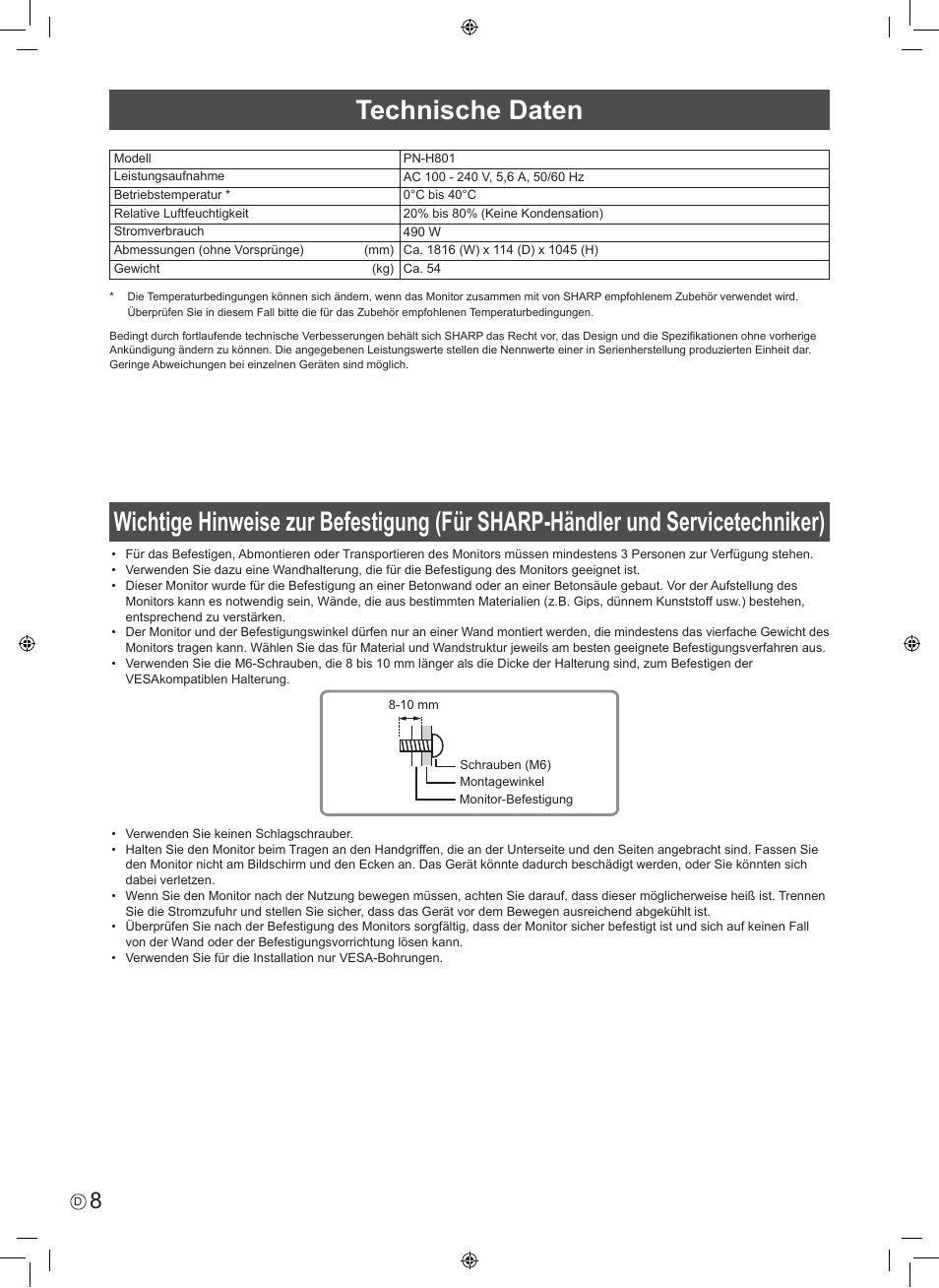 Technische daten | Sharp PN-H801 User Manual | Page 34 / 44