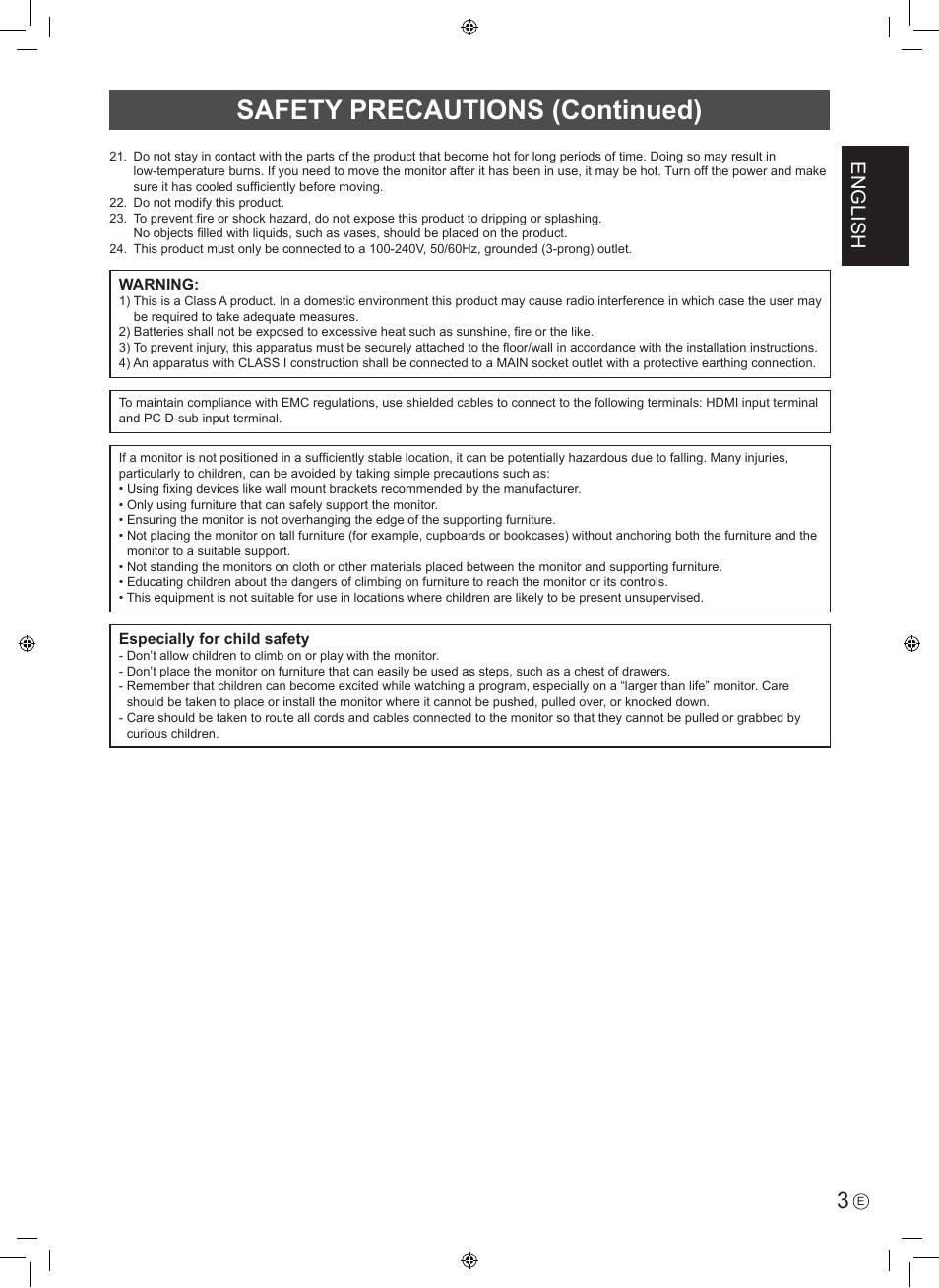 Safety precautions (continued), English | Sharp PN-H801 User Manual | Page 5 / 44