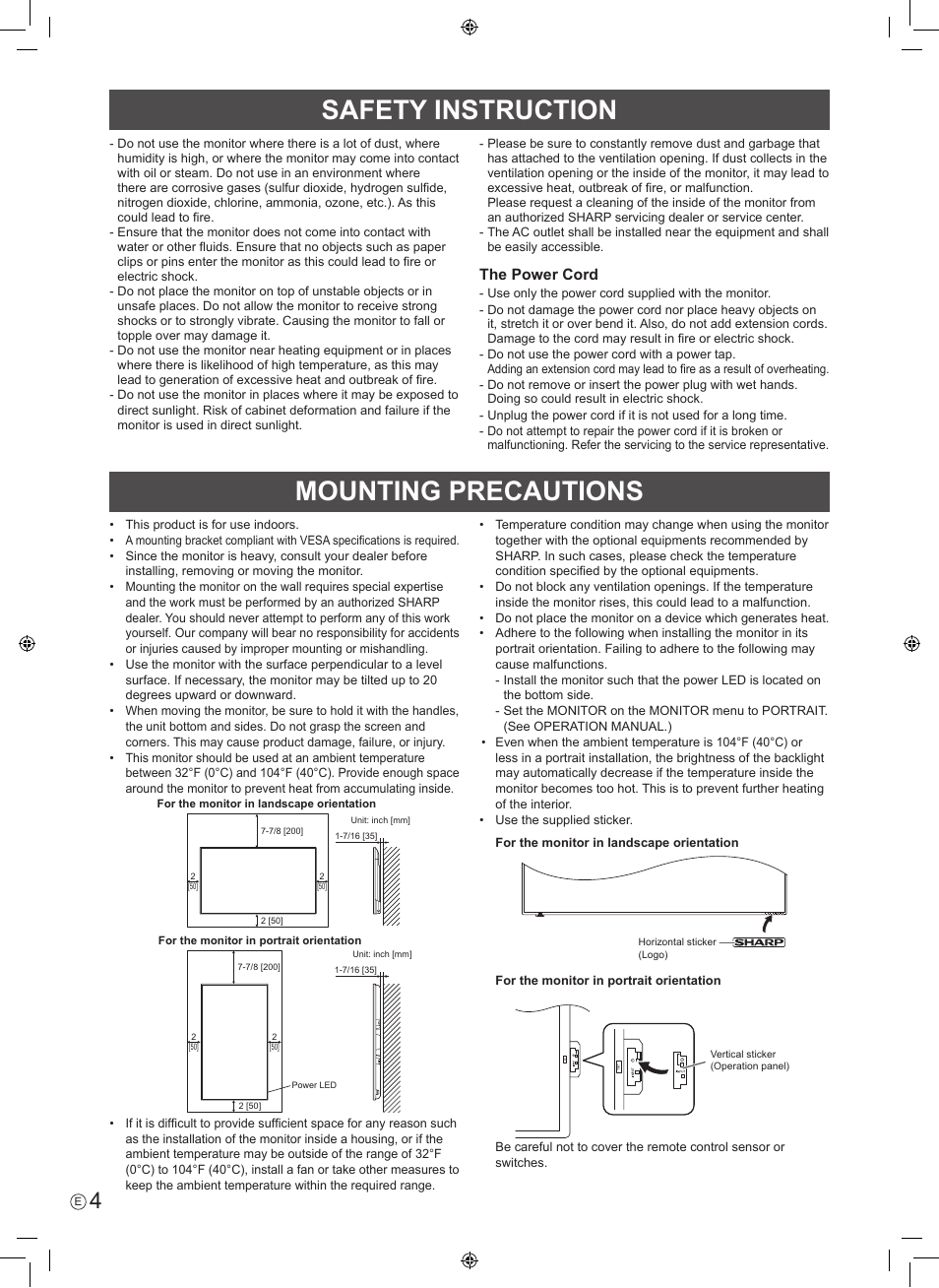 Mounting precautions, Safety instruction | Sharp PN-H801 User Manual | Page 6 / 44