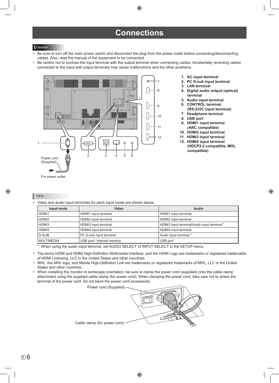 Connections | Sharp PN-H801 User Manual | Page 8 / 44