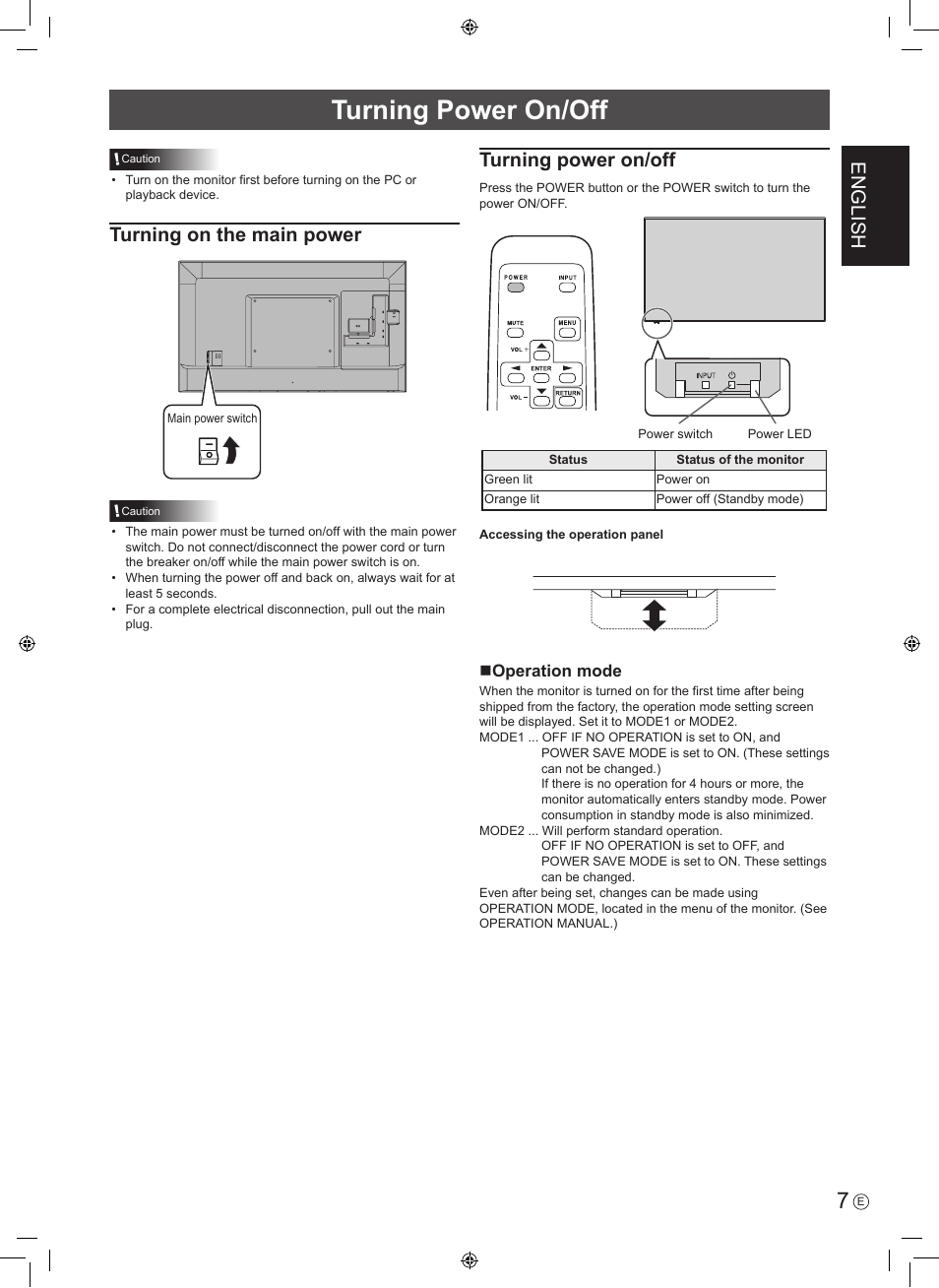 Turning power on/off, English, Turning on the main power | Noperation mode | Sharp PN-H801 User Manual | Page 9 / 44