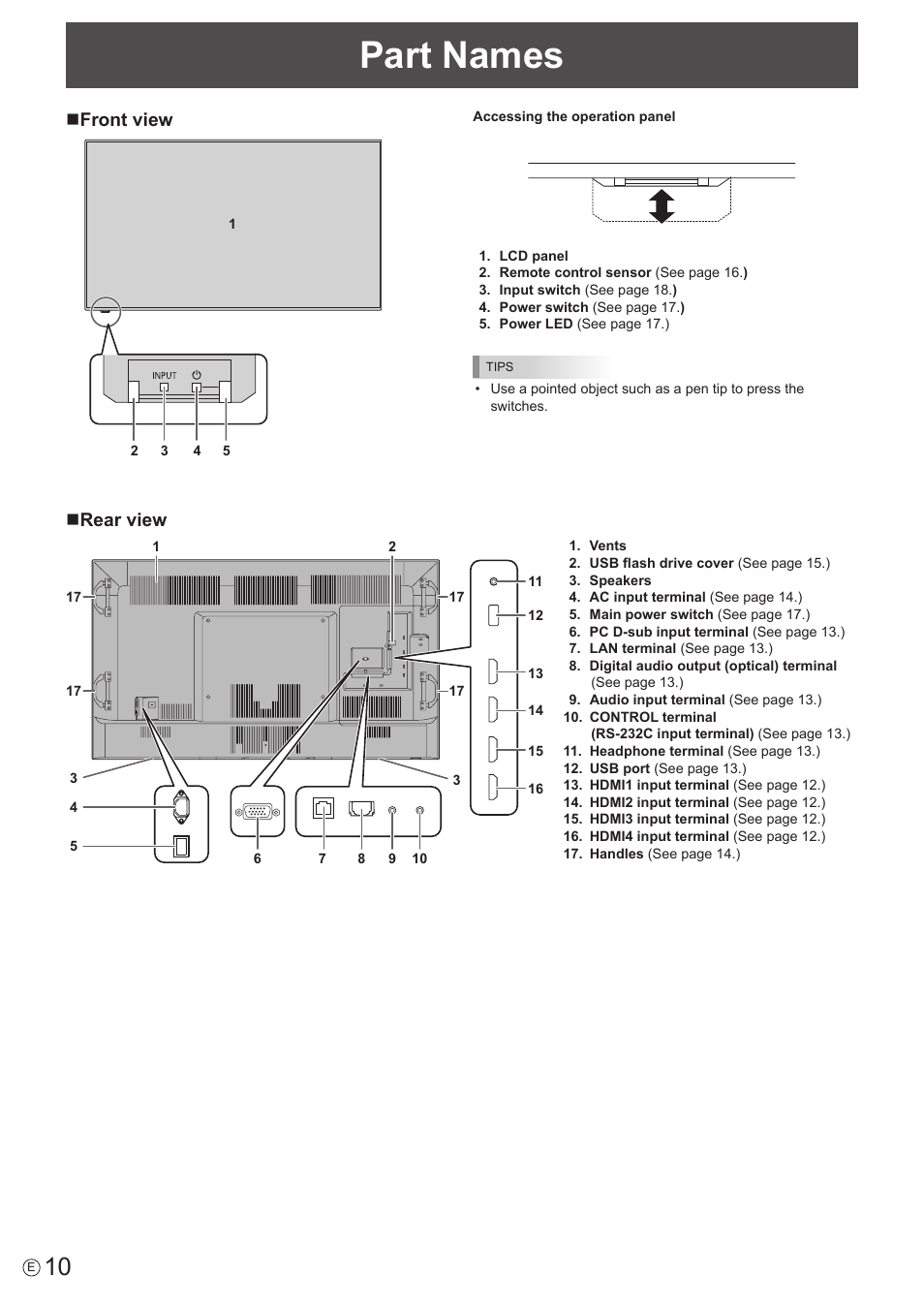 Part names, Nfront view, Nrear view | Sharp PN-H801 User Manual | Page 10 / 53