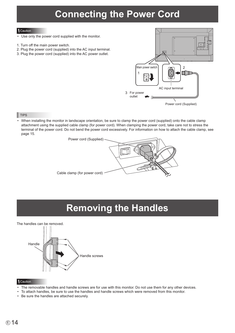 Connecting the power cord, Removing the handles | Sharp PN-H801 User Manual | Page 14 / 53