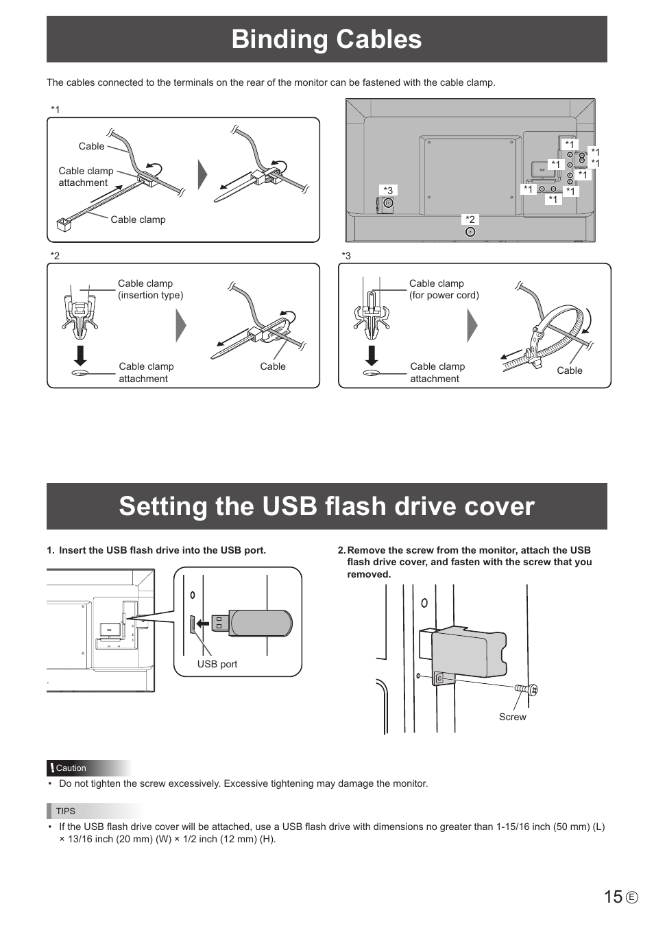 Binding cables, Setting the usb flash drive cover | Sharp PN-H801 User Manual | Page 15 / 53